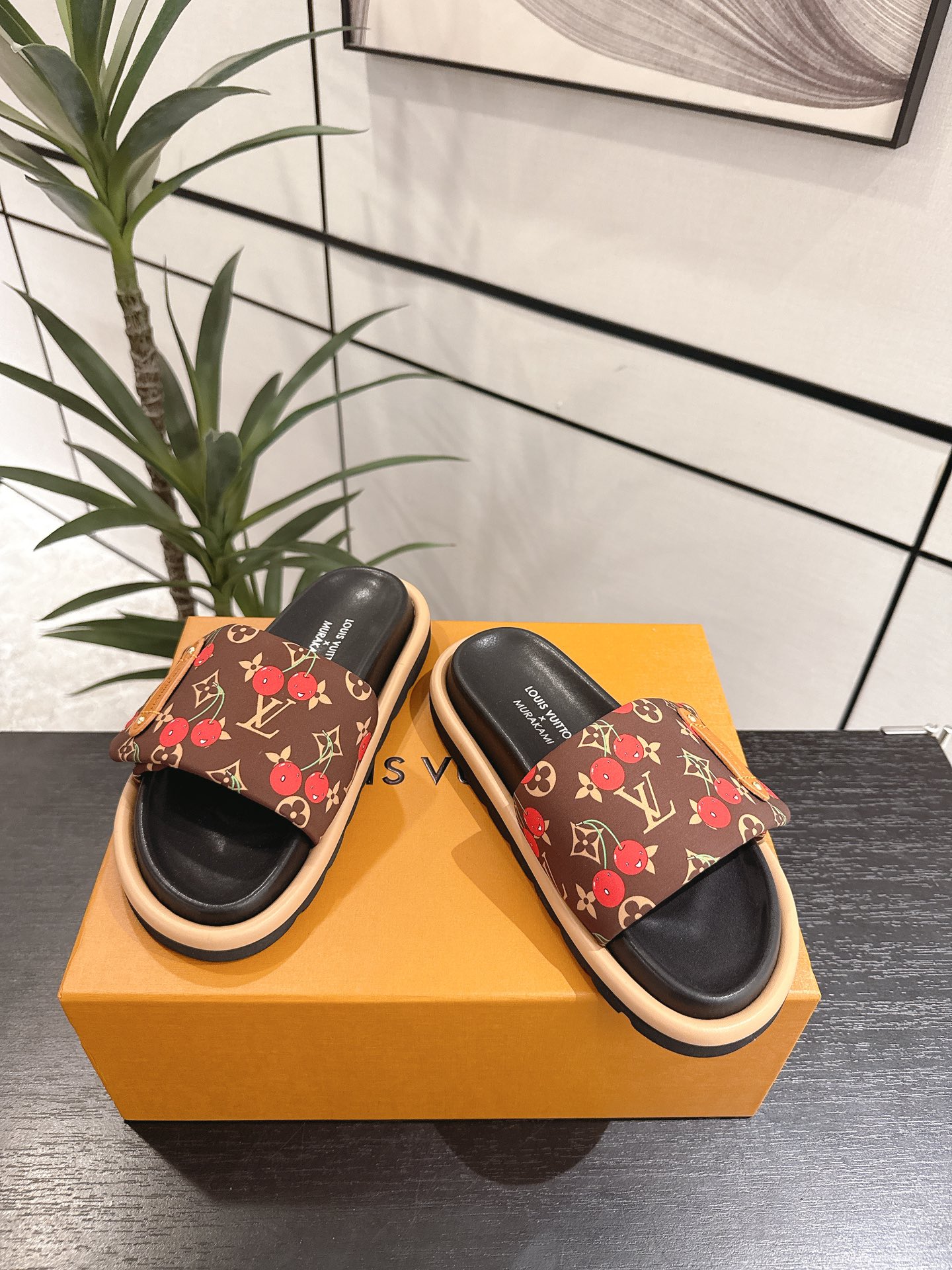 Louis Vuitton × Takashi Murakami Brown Monogram Cerises Puffy Velcro Strap Flat Slides Sandals - KAIROO