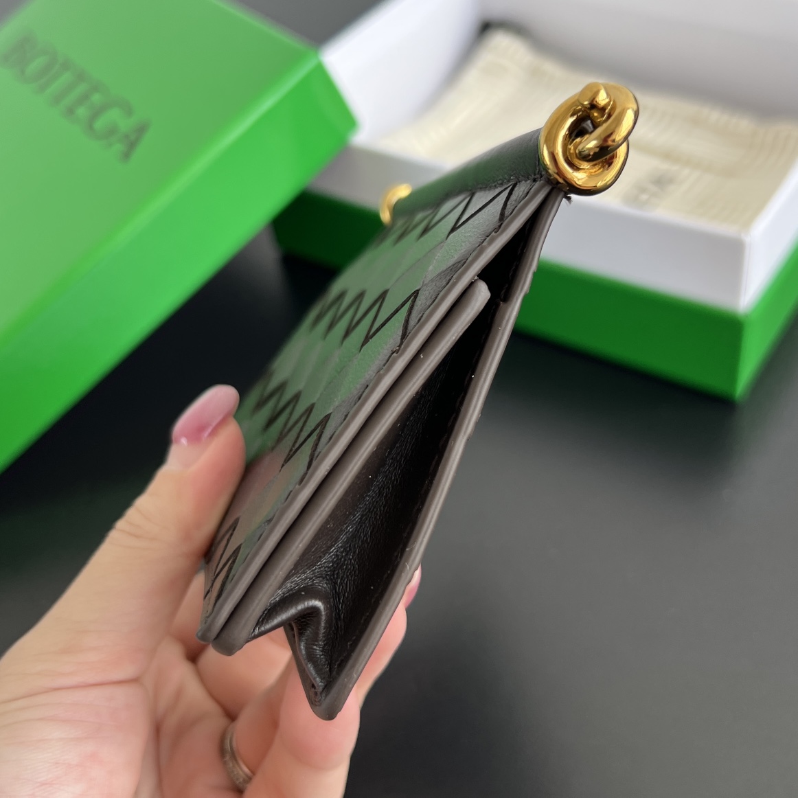 Bottega Veneta Solstice Card Holder in Chocolate Intreccio Leather