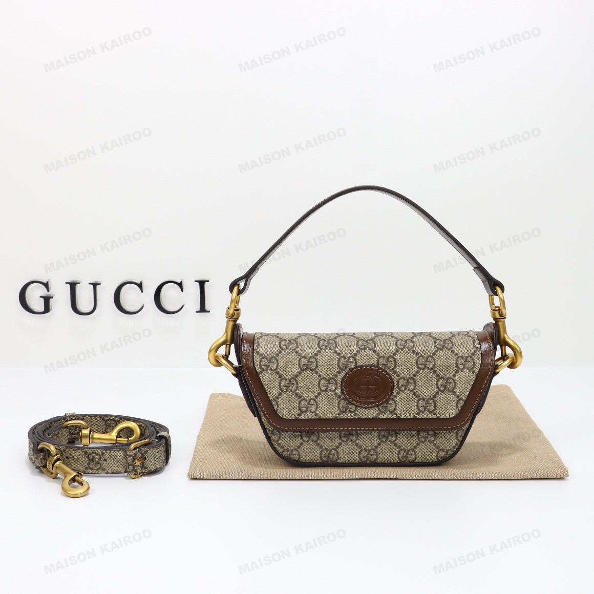 Gucci x Dans Le Vert Ophidia Beige GG Supreme Canvas Mini Saddle Logo Striped Shoulder Bag - KAIROO