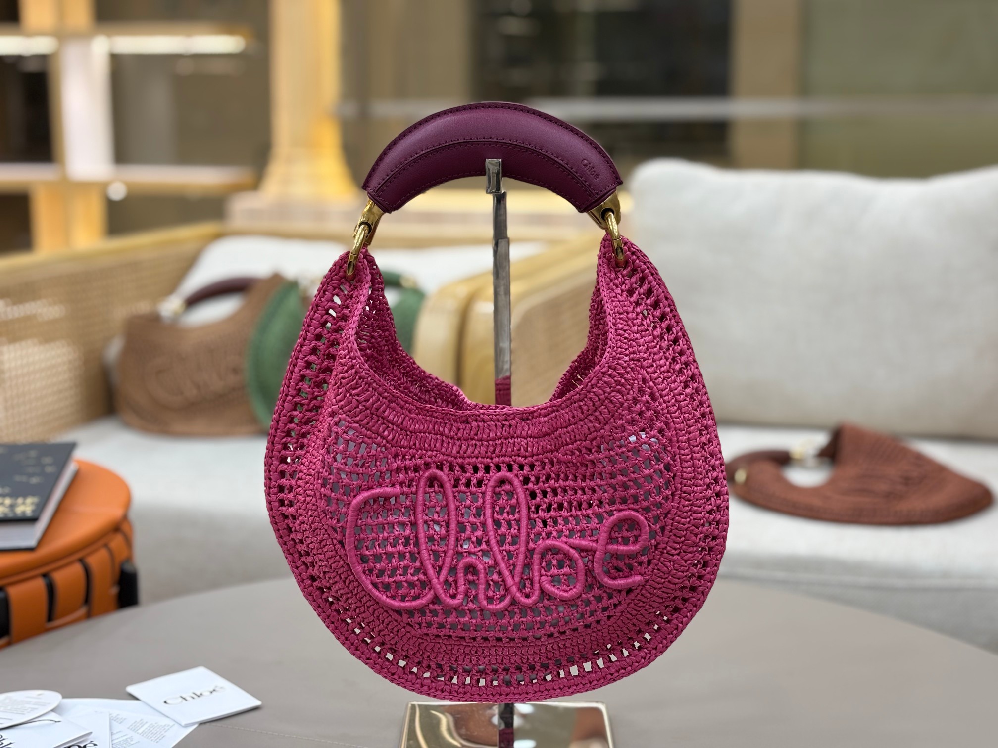 Chloe Summer Banaba Hobo Bag in Raffia-Fuchsia Rose