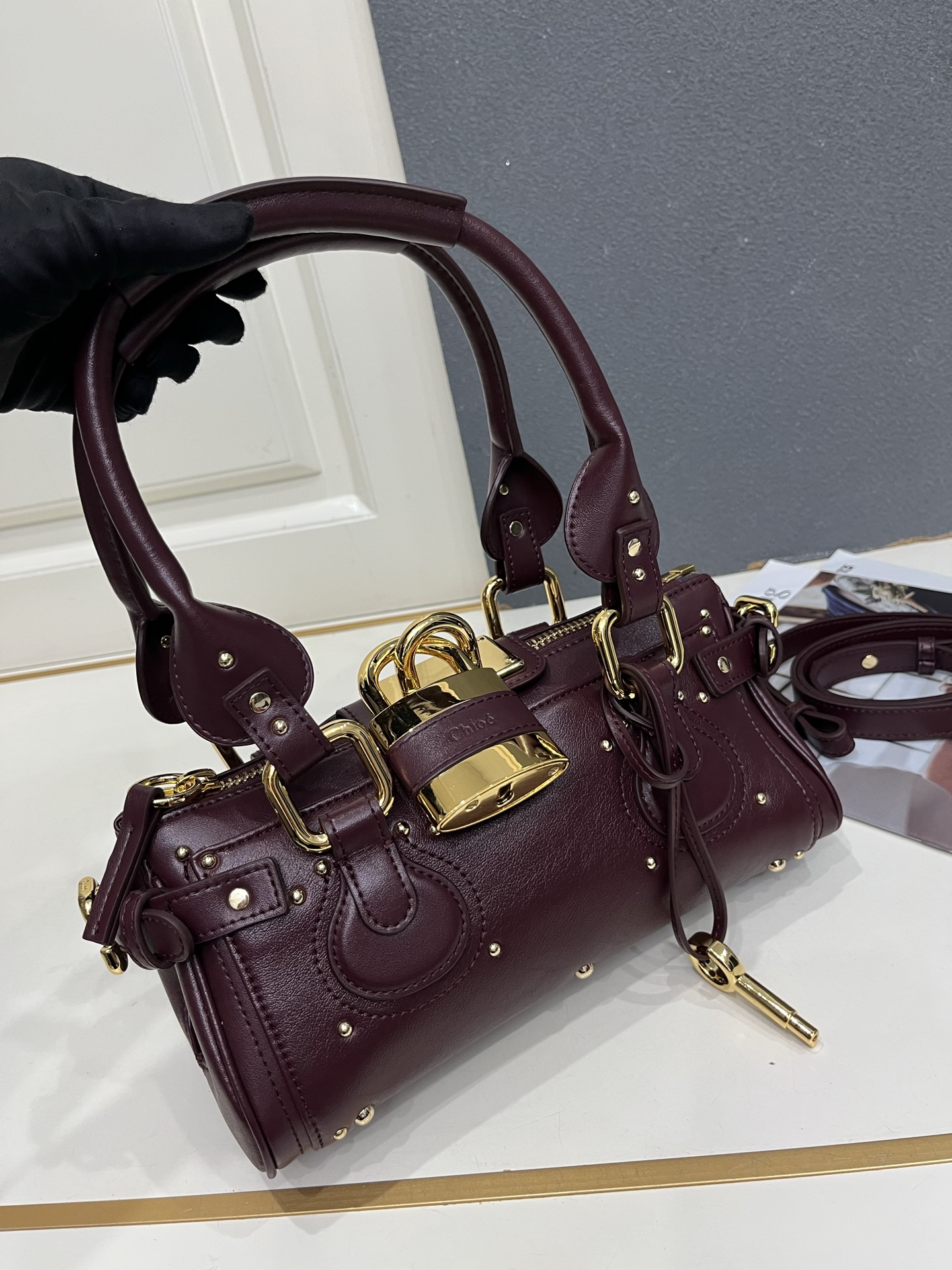 Chloe Paddington Burgundy Mini Oversized Rivet Padlock Key Smooth Leather Hobo Top Handle Bag - KAIROO