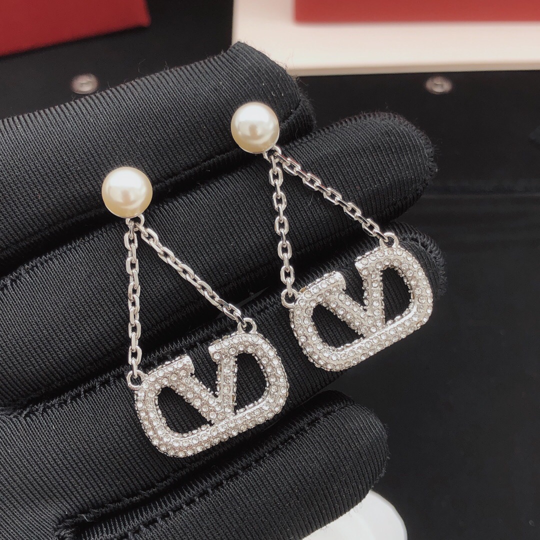 Valentino VLogo Signature Crystal Pave Pearl Drop Chain Earrings - KAIROO