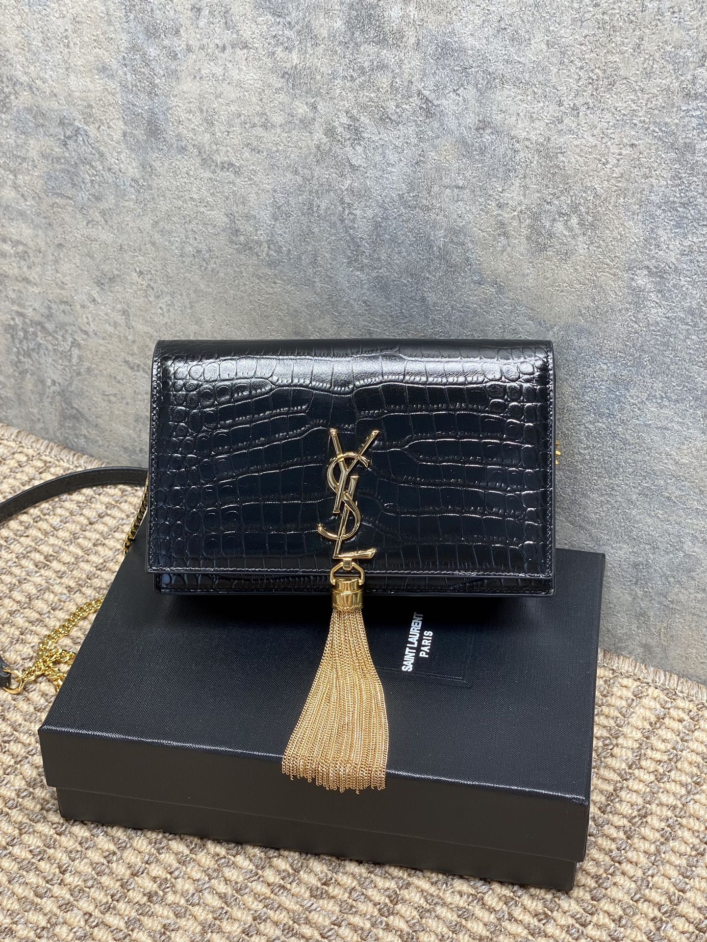Saint Laurent Rectangular Croc-Embossed Leather Chain Shoulder Bag with Gold Metal Tassel - KAIROO