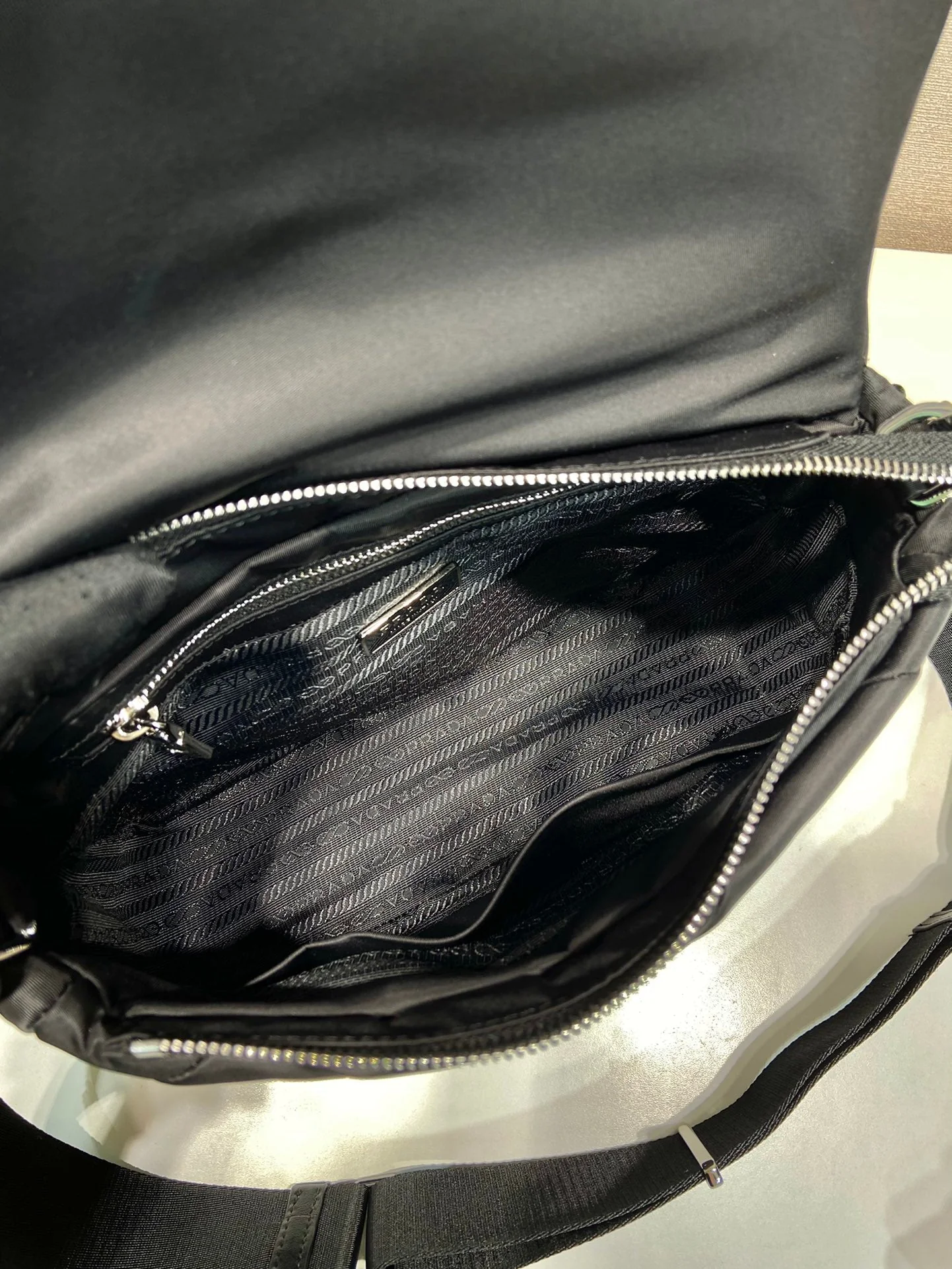 Prada MEDIUM FLAP BAG 24 IN BLACK TRIANGULAR QUILTED PATTERN RE-NYLON
