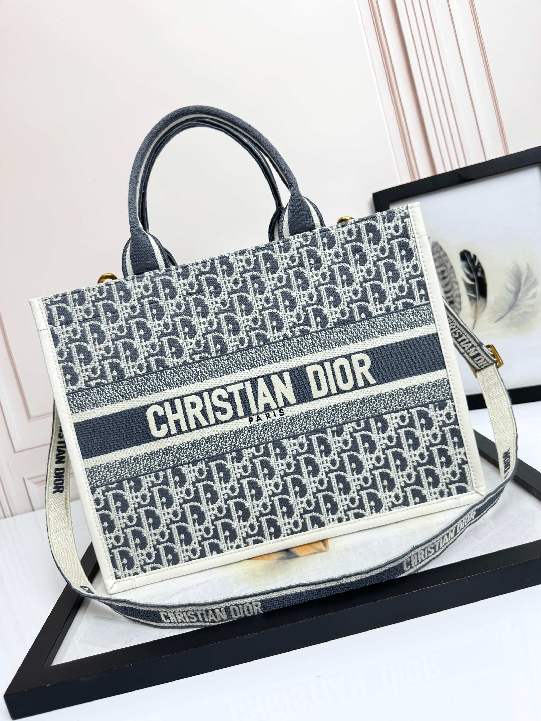 Dior Embroidered Canvas Medium  Book Tote with shoulder strap