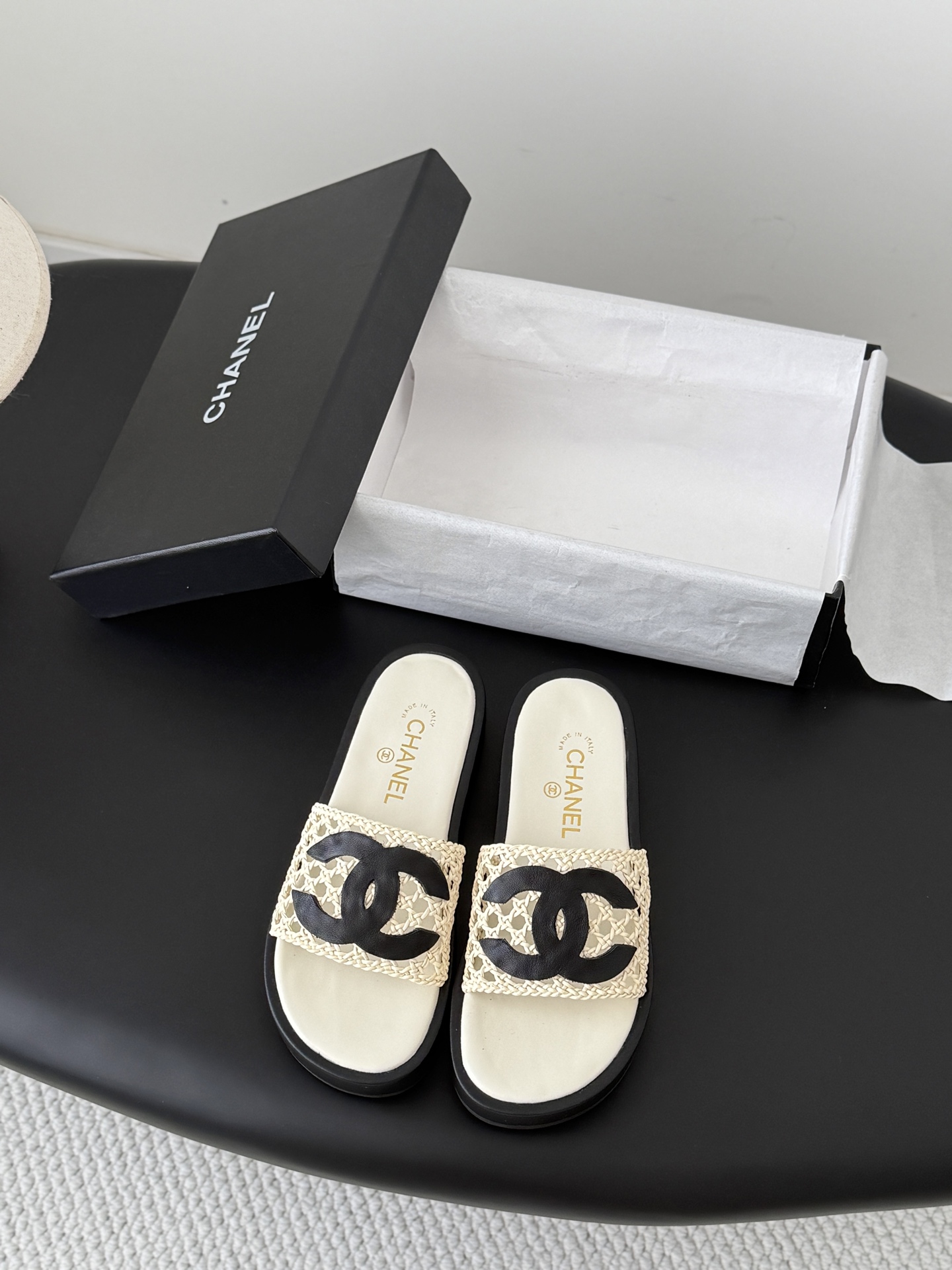 Chanel Raffia & Calfskin Mesh Crochet Black Interlocking CC Logo Platform Sandals - KAIROO