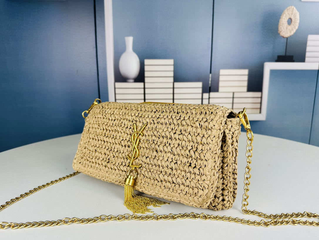 Saint Laurent Kate Woven Raffia Chain Shoulder Bag with Gold Metal Tassel - KAIROO
