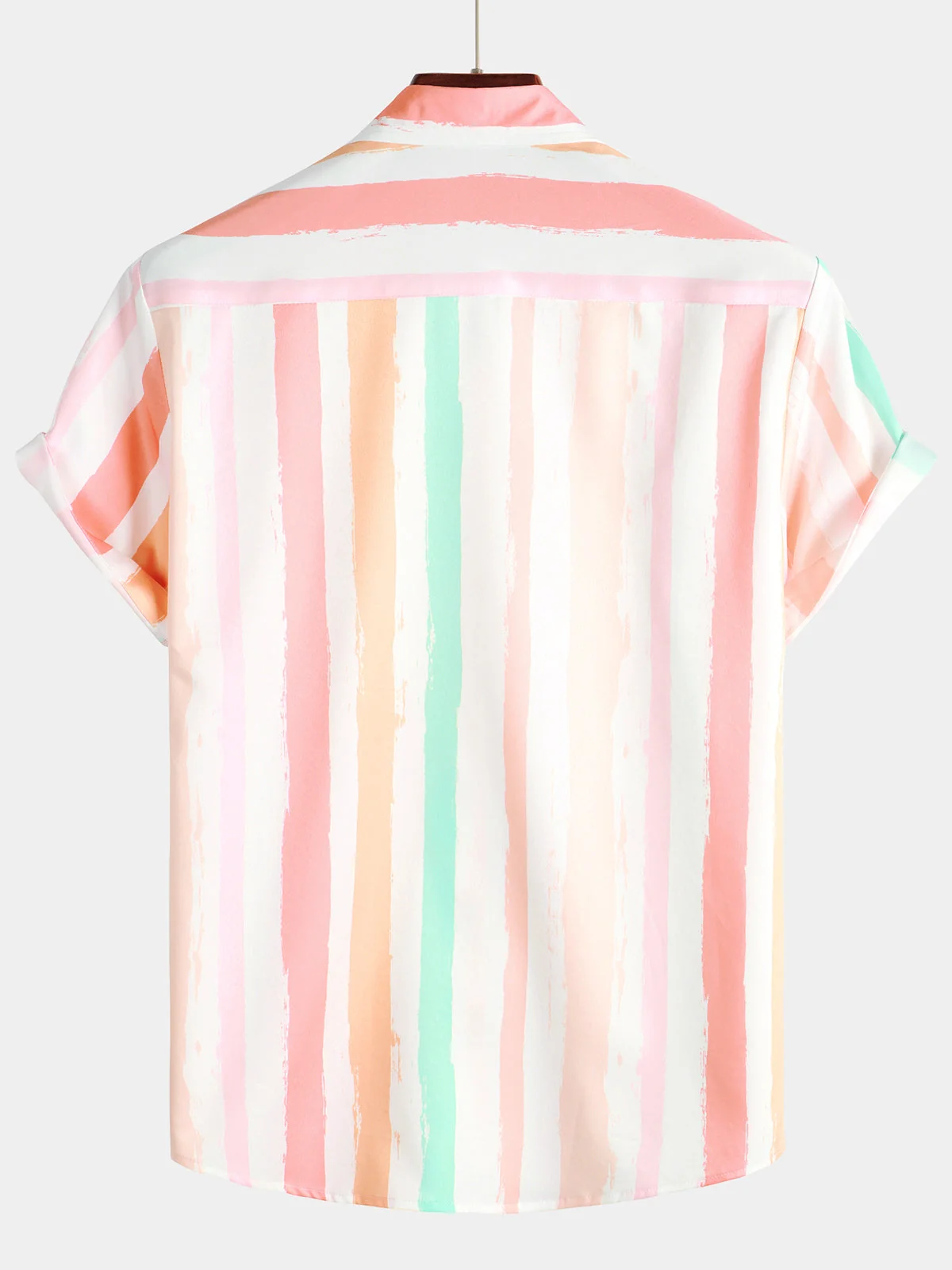 Men's Pink White Vertical Stripe Rainbow Button-Up Summer Short Sleeve Shirt