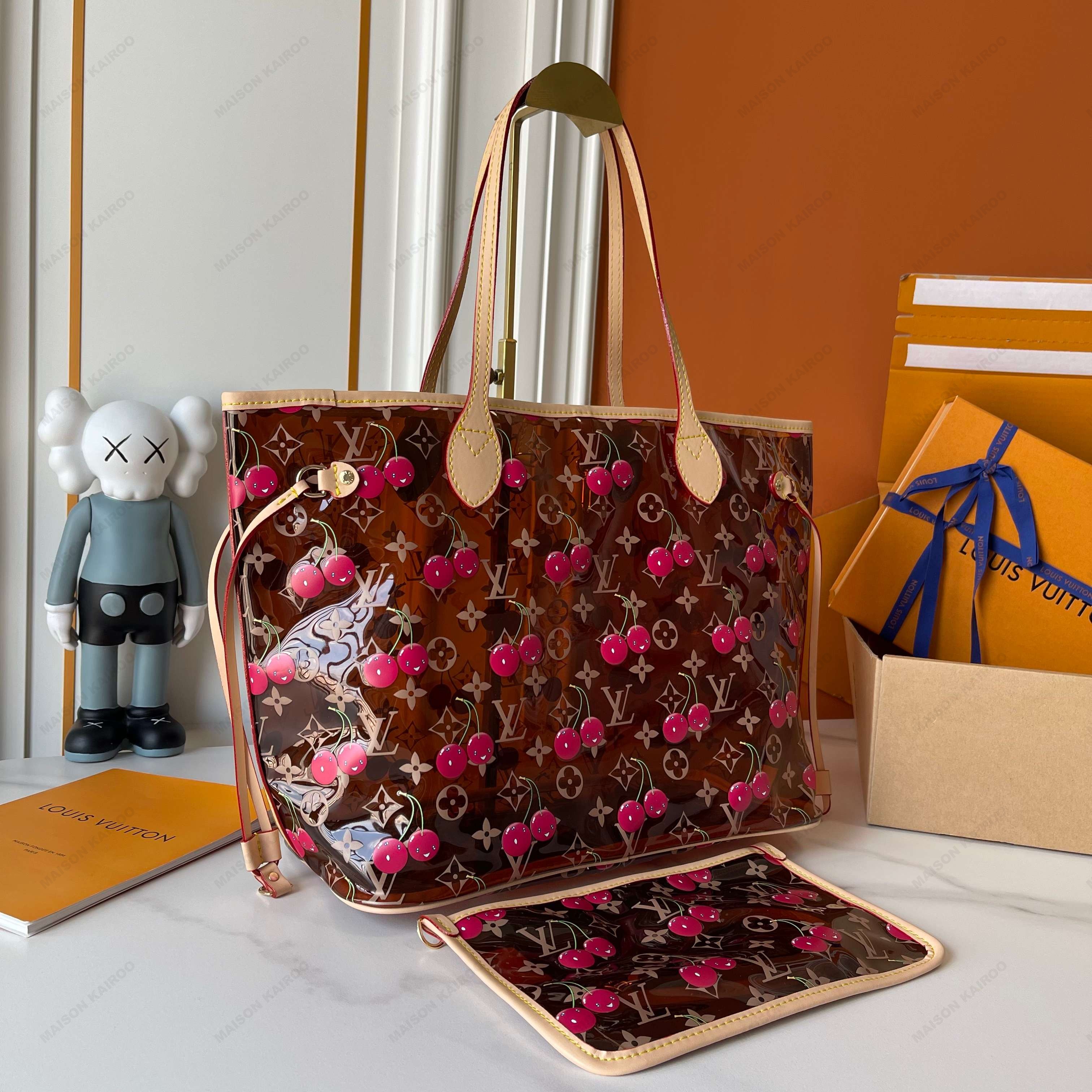 Louis Vuitton LV x TM Neverfull MM PVC Transparent Clear Cherry Print Monogram Pool Tote Bag With Pouch - KAIROO
