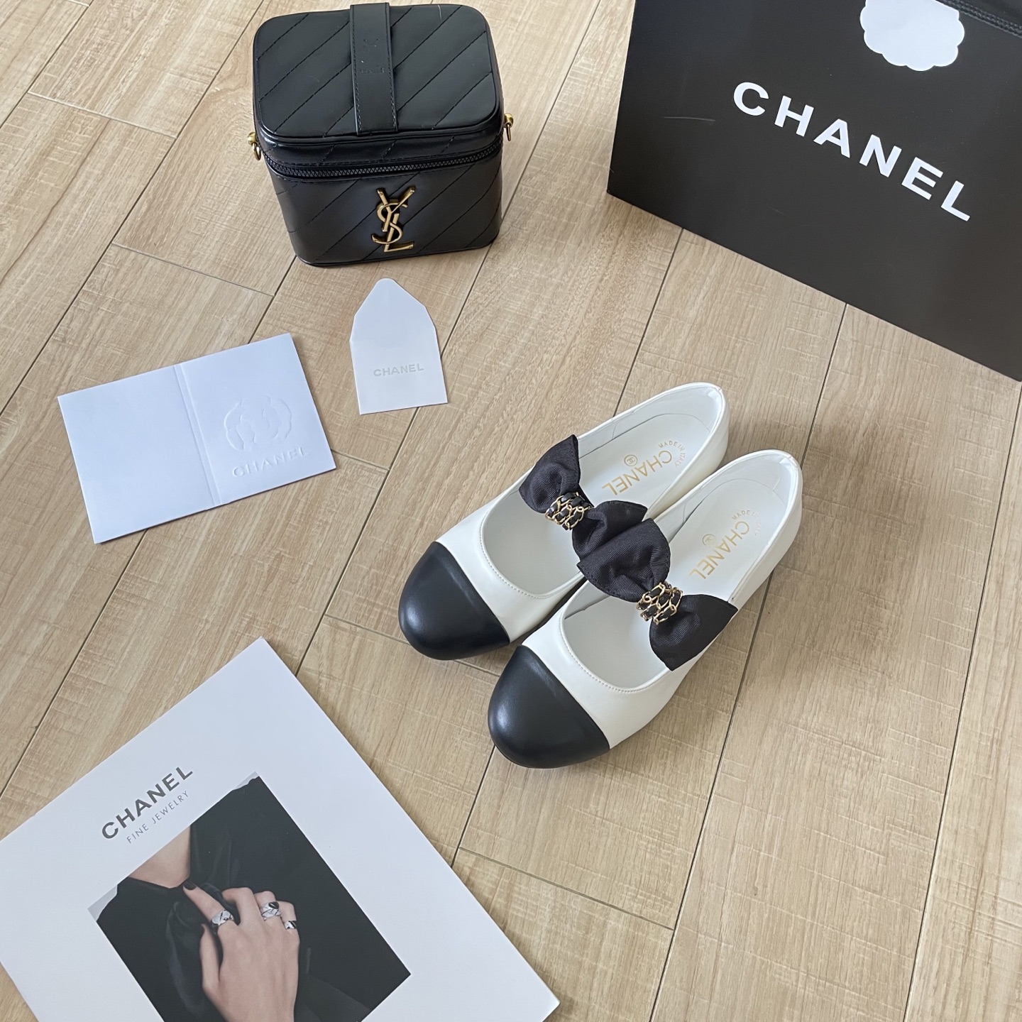 Chanel Leather Cap Toe Grosgrain Ballerina Bow Chain CC Logo Mary Jane Flats - KAIROO