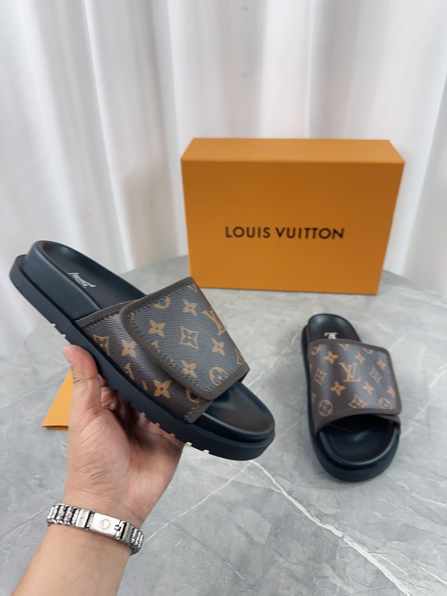 Louis Vuitton Monogram Coated Canvas Velcro Strap Padded Flat Comfort Slide Sandals - KAIROO