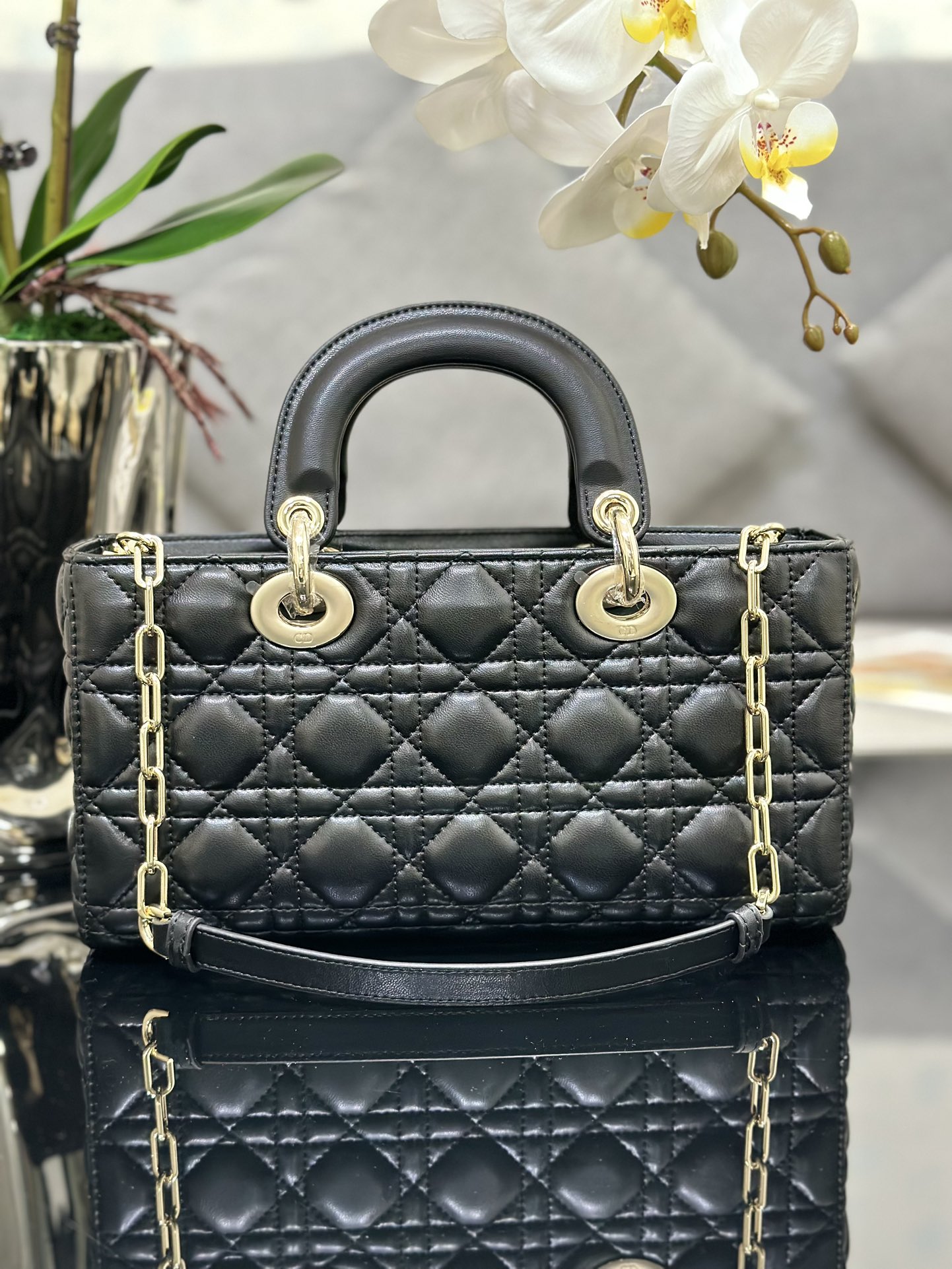 Medium Lady D-Joy Bag in Black Cannage Lambskin
