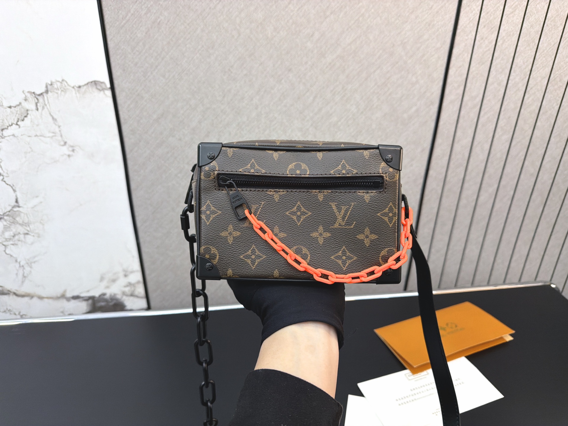 Louis Vuitton LV Mini Soft Trunk Monogram Canvas Black Trim Orange Thick Chain Crossbody Bag - KAIROO