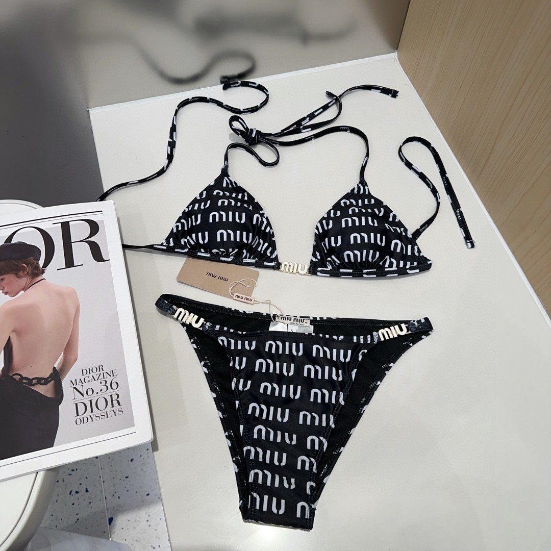 Miu Miu Black with White Monogram Print Metal Logo Triangle Bikini Two-Piece Swimsuit - KAIROO