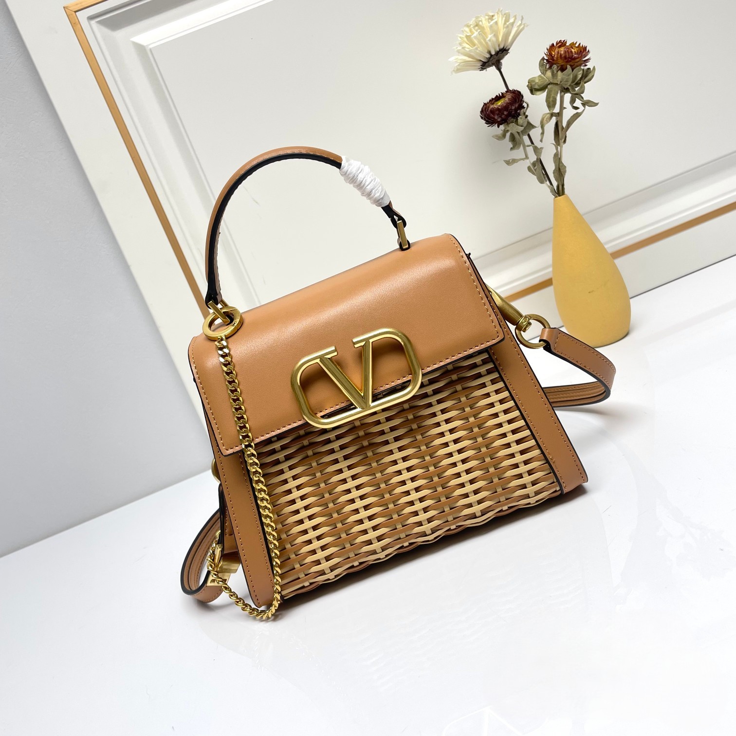 Valentino VLogo Signature Tan Woven Leather Gold Hardware Top Handle Shoulder Crossbody Bag - KAIROO