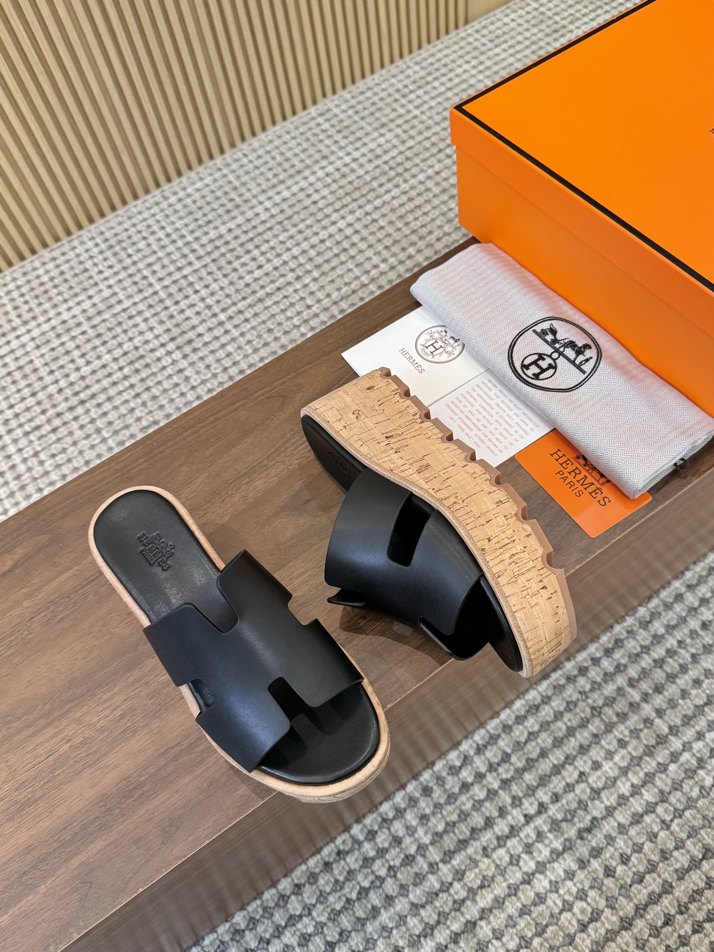Hermès Black Smooth Leather H-Cutout Cork Sole Slide Sandal - KAIROO