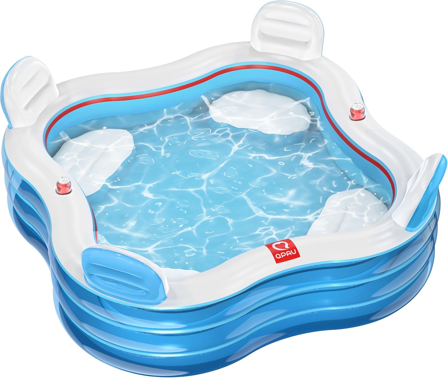 QPAU Inflatable Swimming Pool, Full-Sized Blow Up Pool with Seats and Backrests, Kiddie Pool for Outdoor & Backyard, for Family Summer Time Fun, Clear Blue