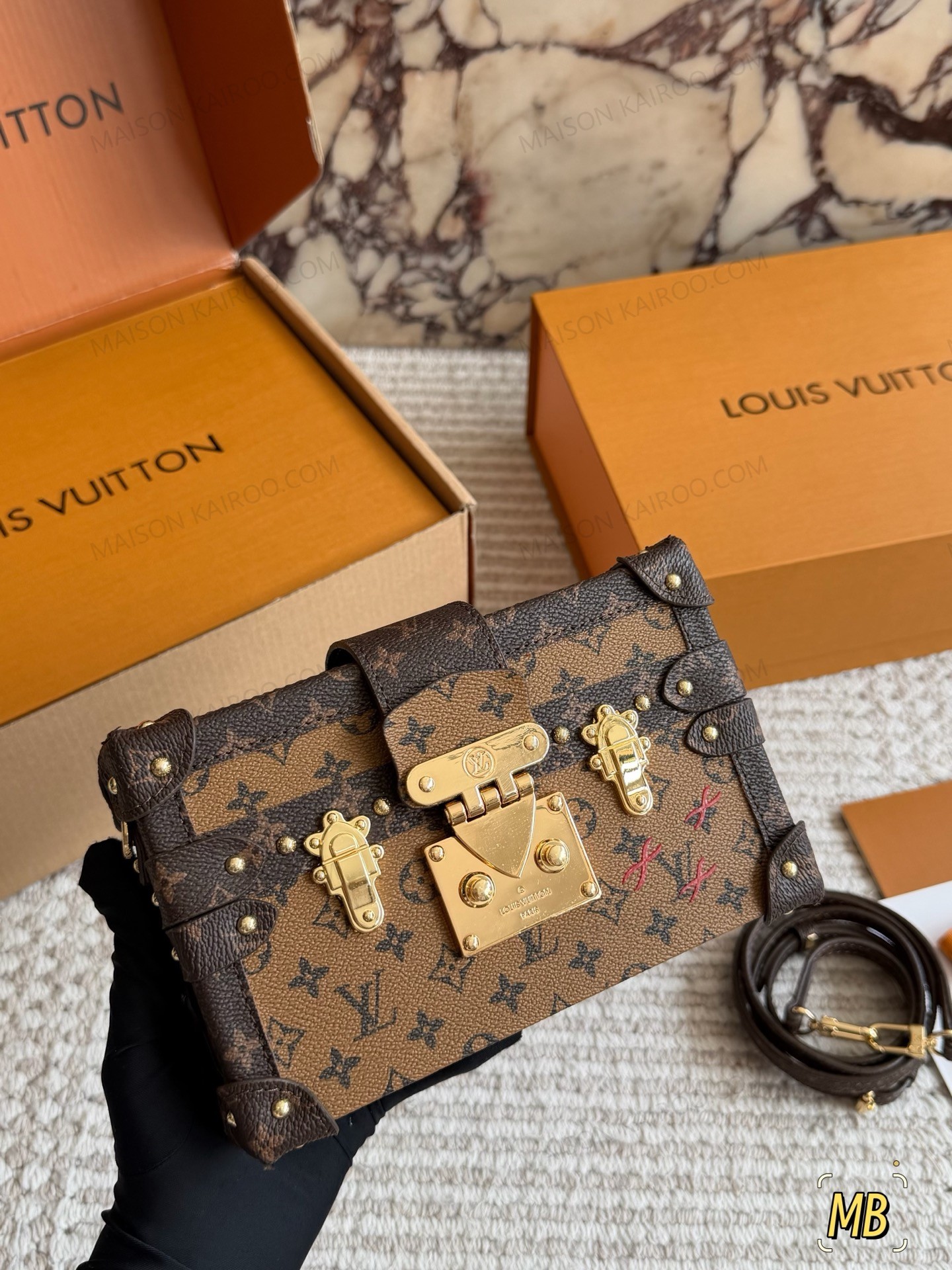 Louis Vuitton LV Petite Malle Trunk Reverse Monogram Canvas S-Twist Lock Shoulder Crossbody Bag - KAIROO