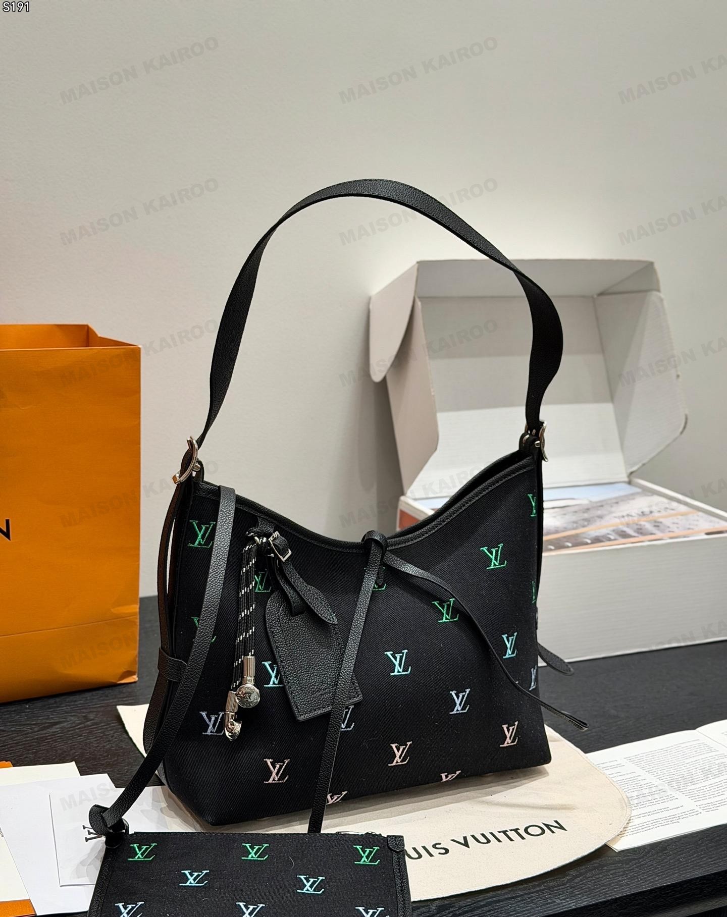 Louis Vuitton LV Carryall PM Black Denim Gradient Multicolor Embroidered Monogram Hobo Tote Shoulder Bag - KAIROO