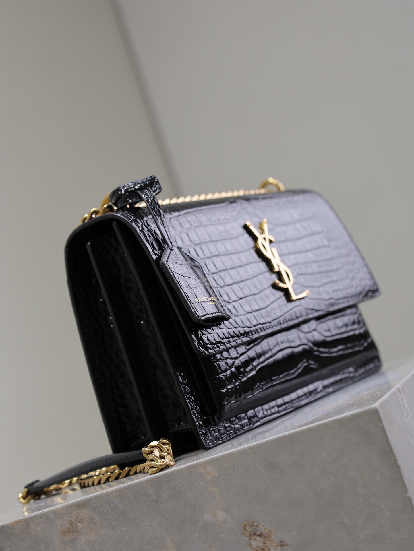 Saint Laurent YSL Black Crocodile Pattern Chain Shoulder Bag