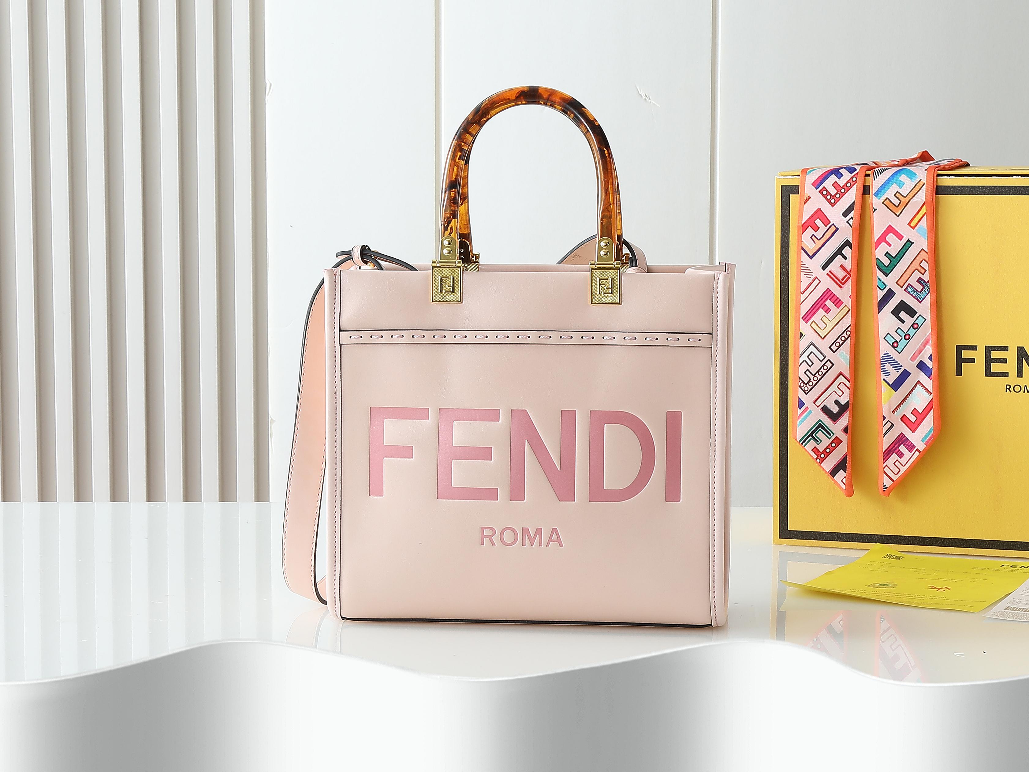Fendi Light Pink Embossed Leather Tortoiseshell Handle Tote Bag - KAIROO