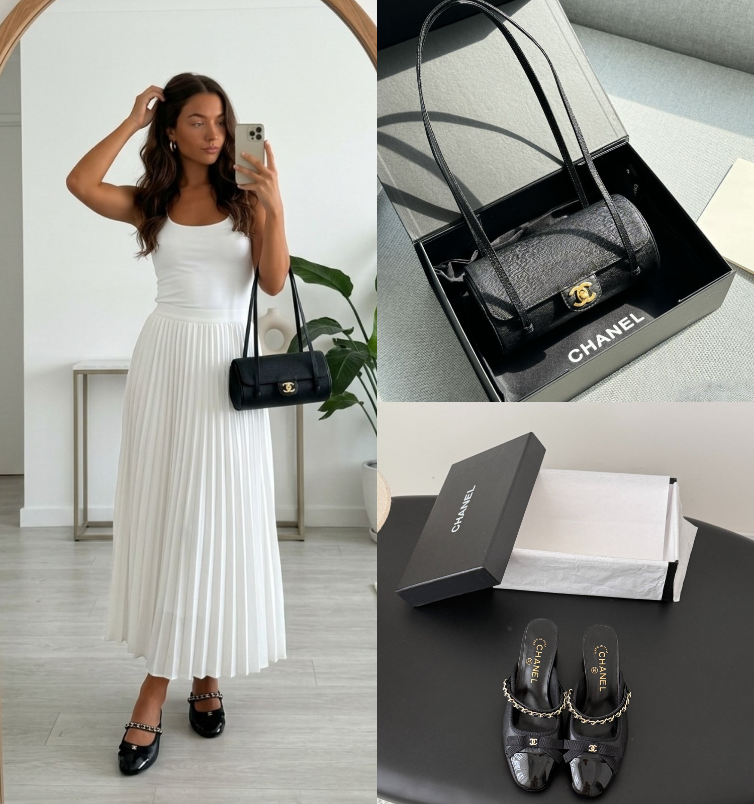 Chanel Classic Black Caviar Leather Cylinder Bag with CC Logo Chain Pumps Set - KAIROO