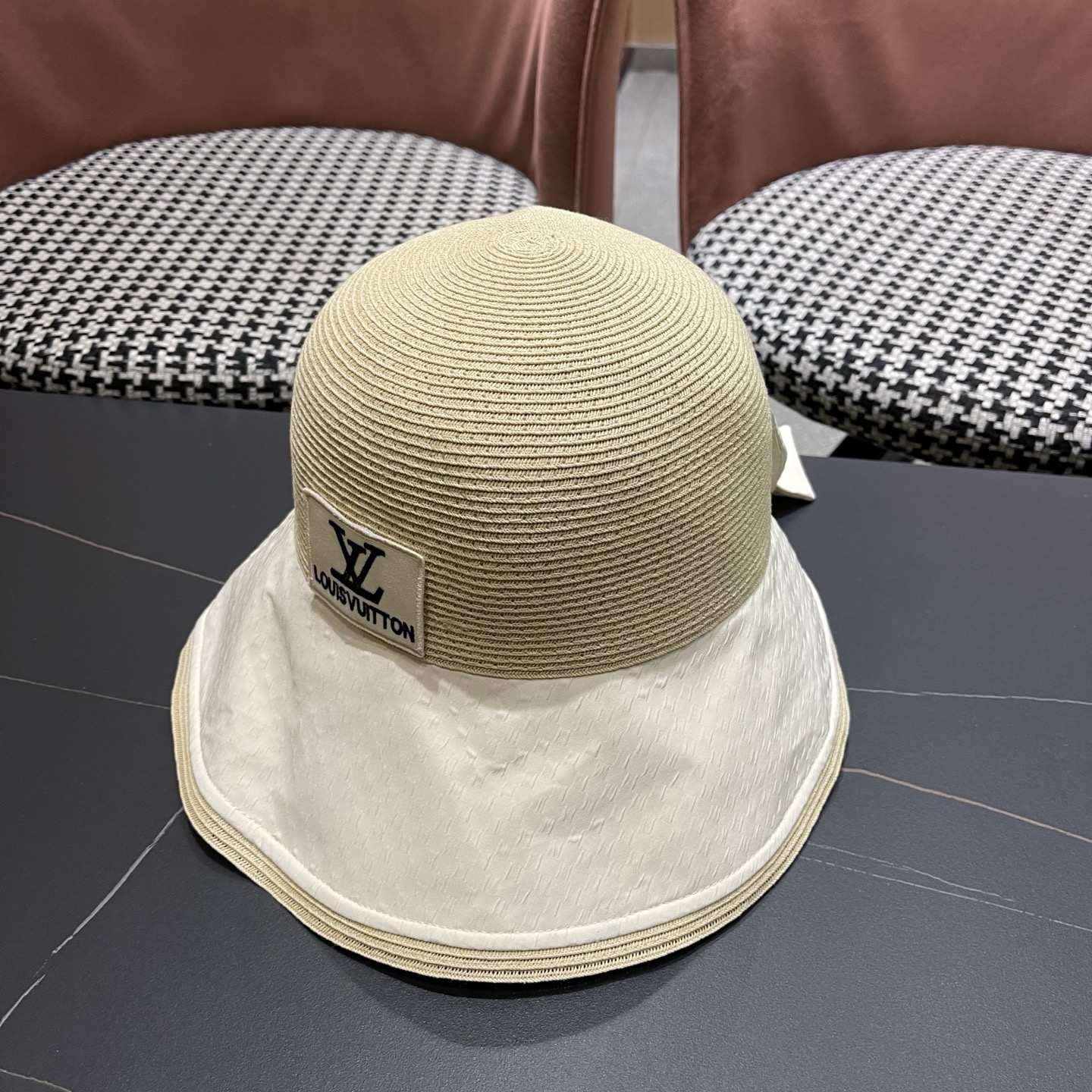Louis Vuitton Raffia Effect Wide Brim Logo Patch Bucket Hat - KAIROO