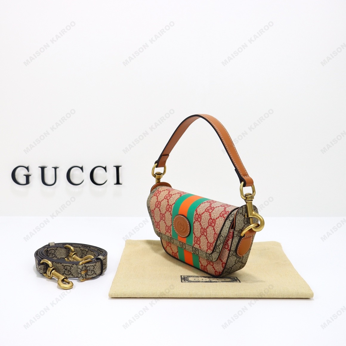 Gucci x Dans Le Vert Ophidia GG Supreme Canvas Mini Saddle Multicolor Logo Striped Shoulder Bag - KAIROO