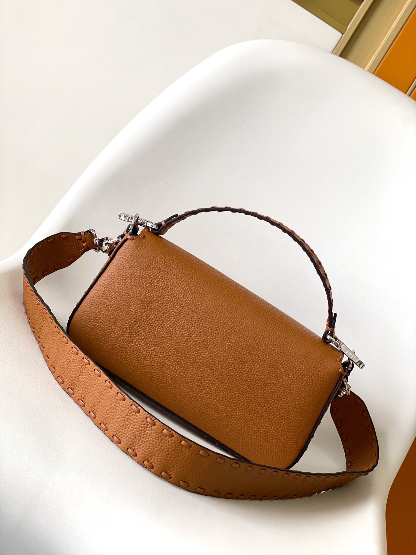 Fendi Medium Selleria Baguette Leather Bag-Camel