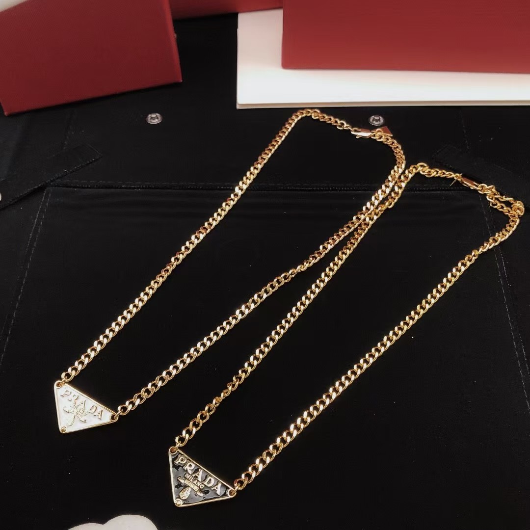 Prada Enameled Triangle Logo Chunky Curb Chain Gold Necklace - KAIROO