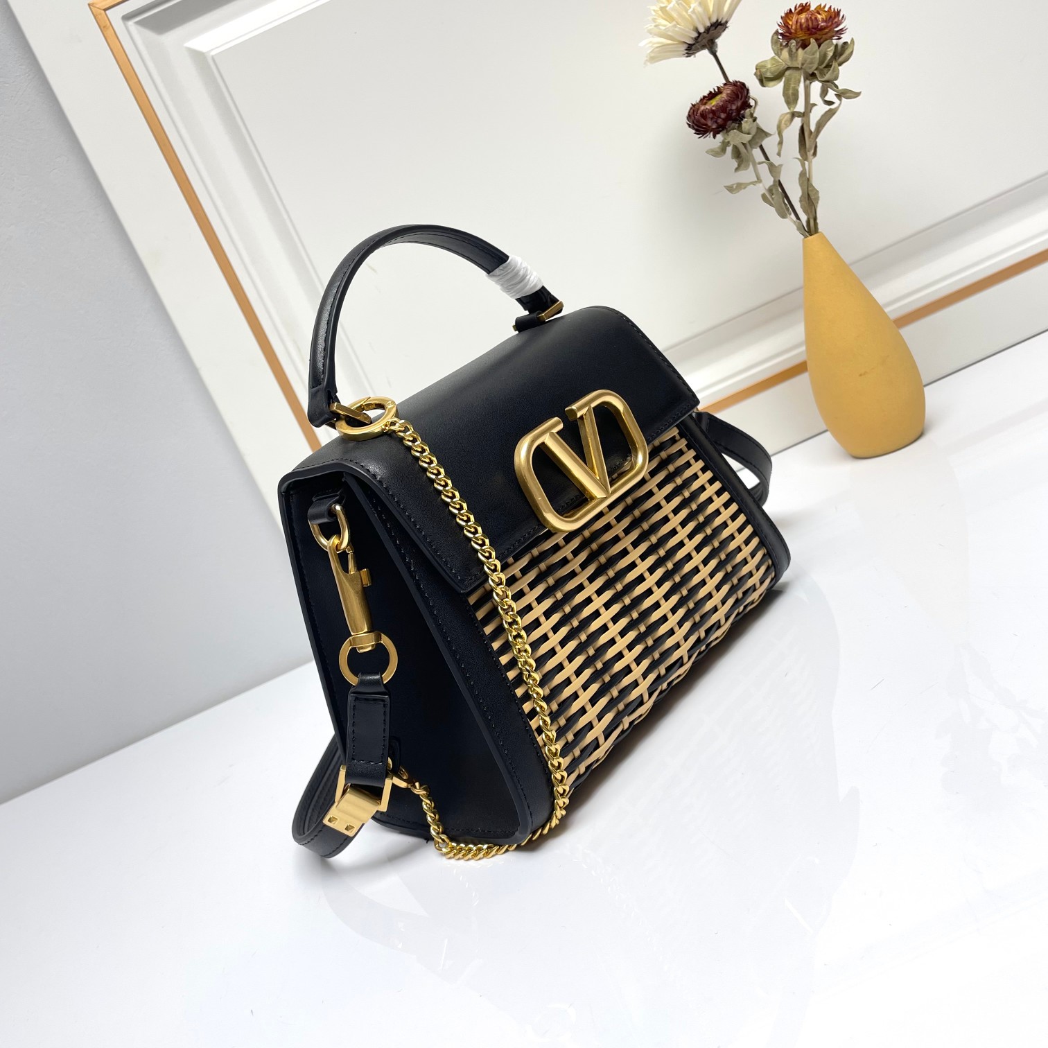 Valentino VLogo Signature Black Woven Leather Gold Hardware Top Handle Shoulder Crossbody Bag - KAIROO