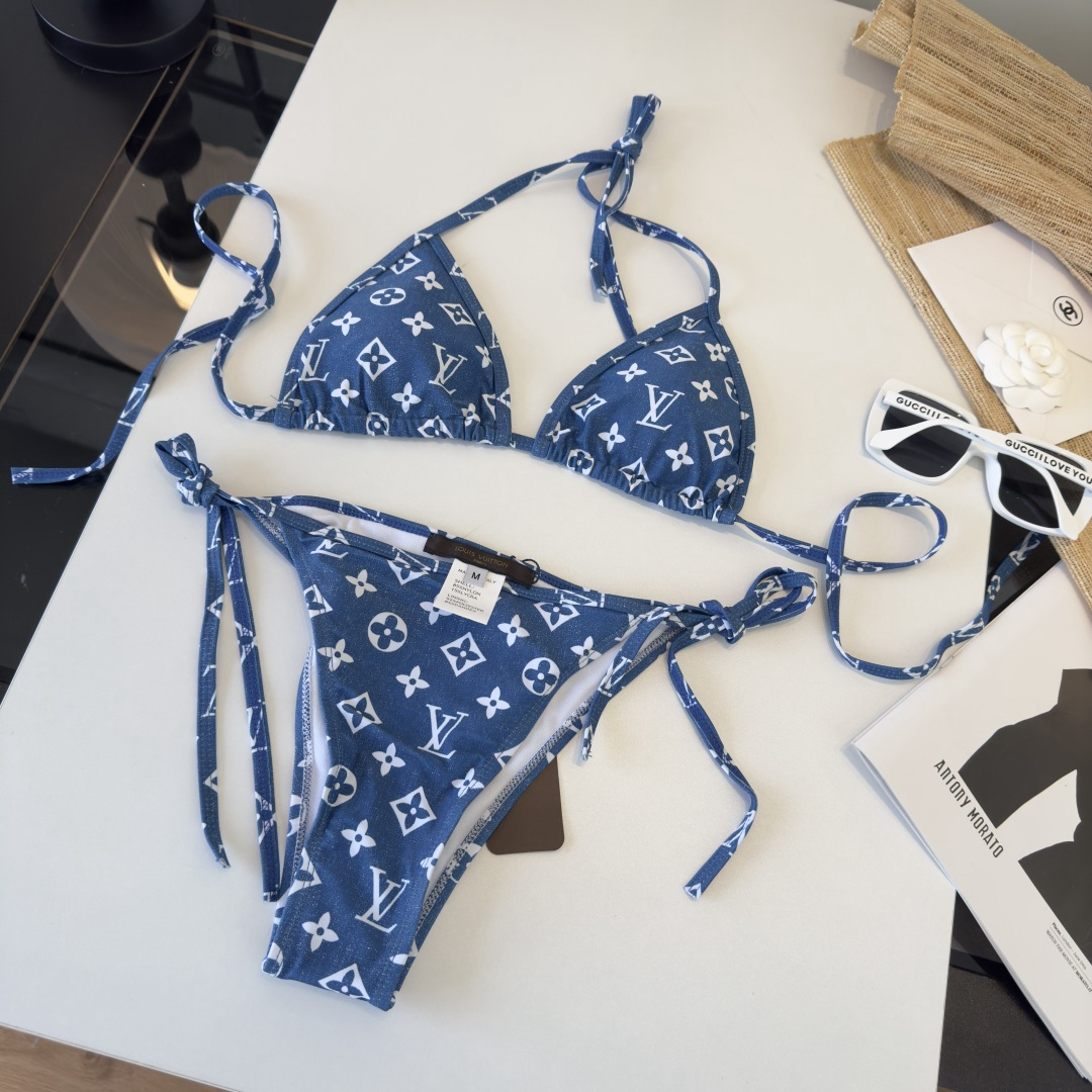 Louis Vuitton LV  Monogram Blue Denim Print Tie Strap Triangle Bikini Two-Piece Swimsuit - KAIROO