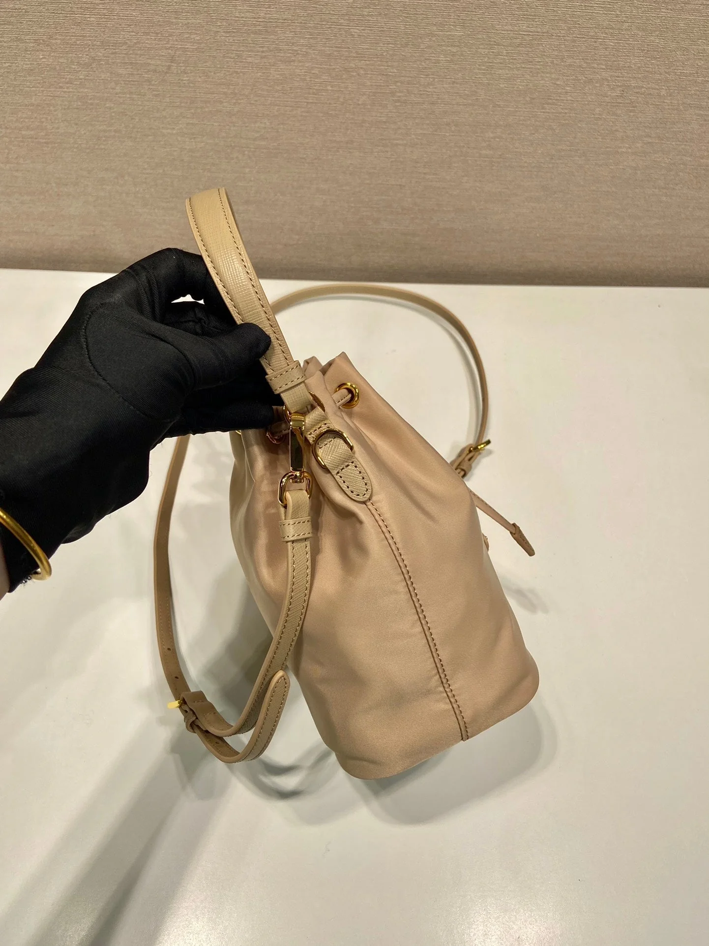 Prada BUCKET BAG 19 IN BEIGE RE-NYLON AND SAFFIANO LEATHER HANDLE