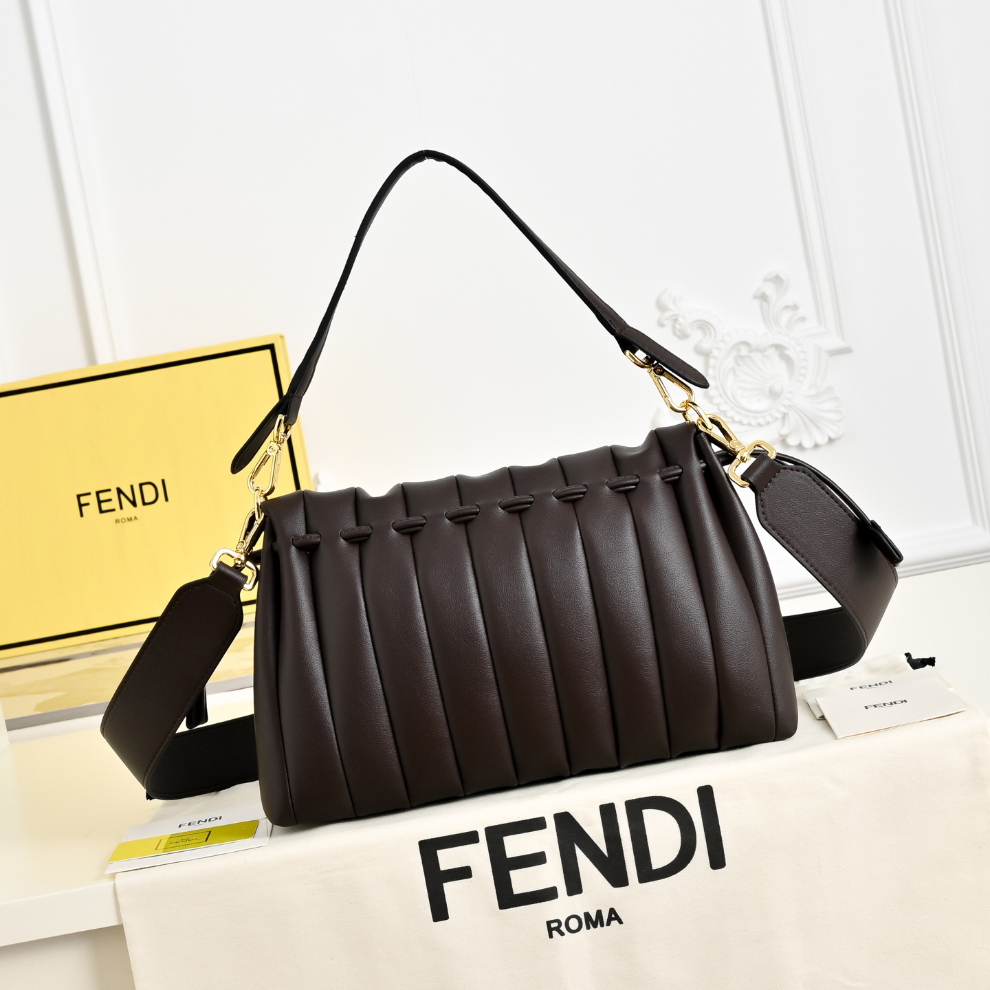 Fendi Black Pleated Leather Baguette Handbag - KAIROO
