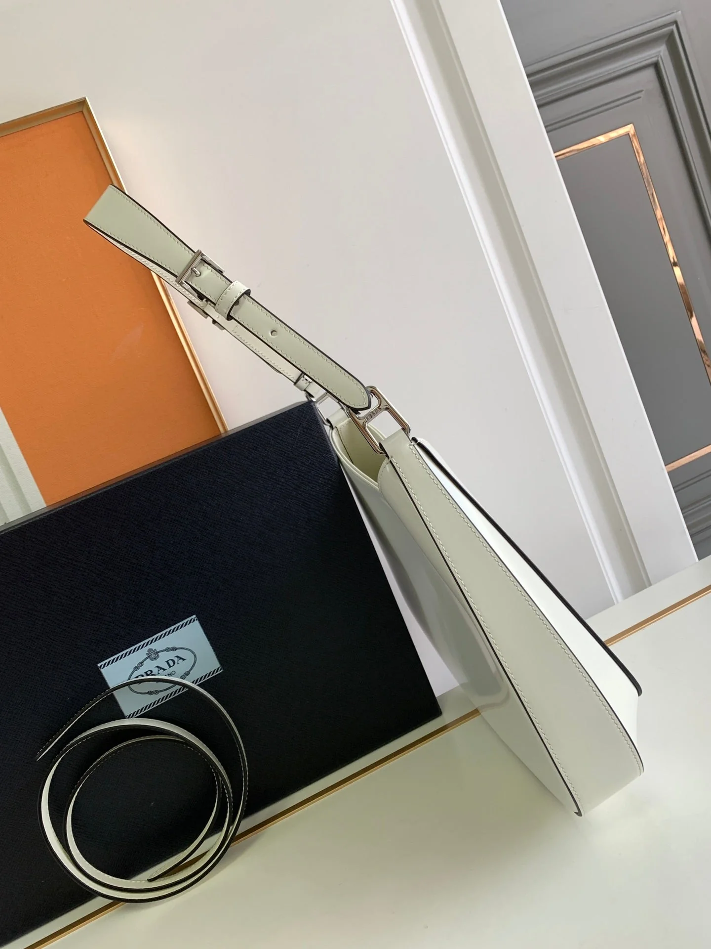 Prada CLEO 30 WHITE BLACK BRUSHED LEATHER SHOULDER BAG