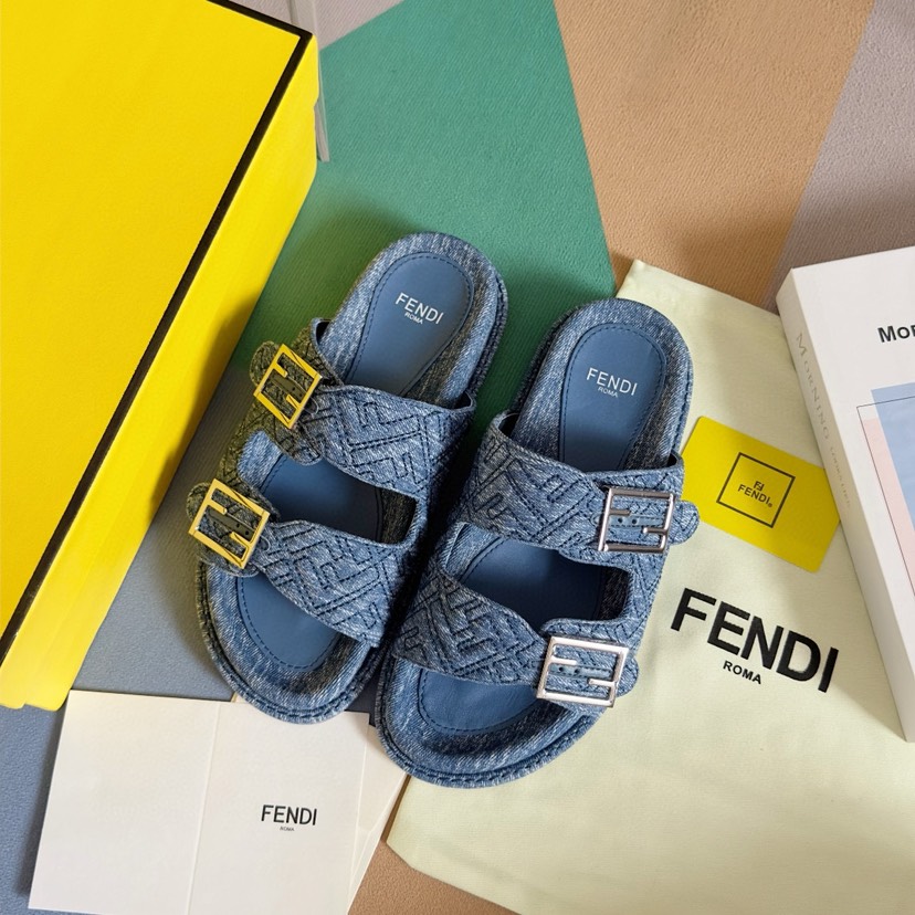 Fendi Open Toe Double Buckle Band FF Logo Denim Jacquard Platform Sandals - KAIROO