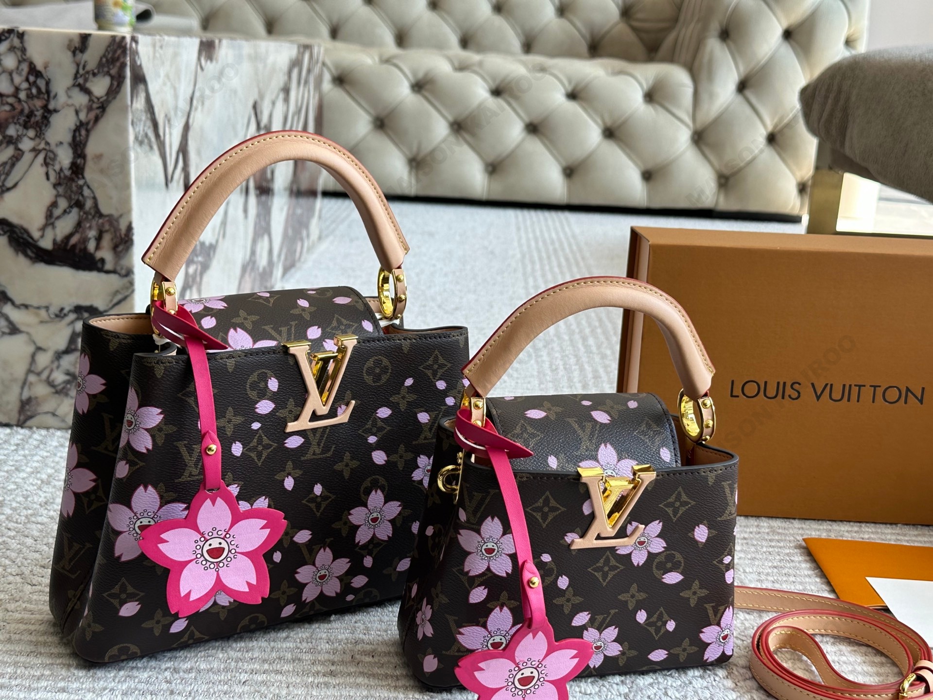 Louis Vuitton LV x TM Capucines BB/Mini Cherry Blossom Monogram Canvas Vachetta Leather Top Handle Bag - KAIROO
