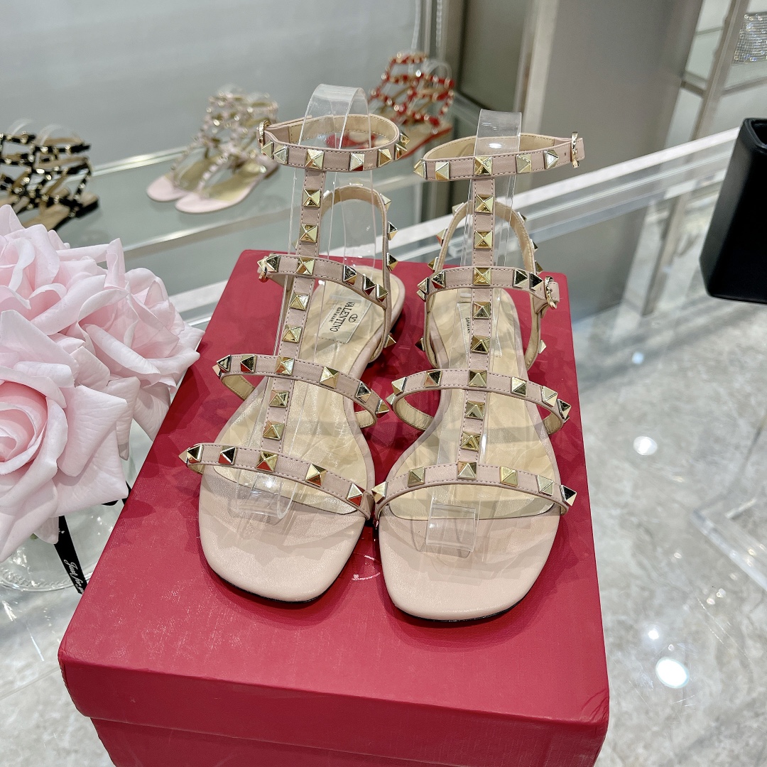 Valentino Rockstud Poudre Nude Leather Cage Triple Buckle Multi-Strap Studded Flat Sandals - KAIROO