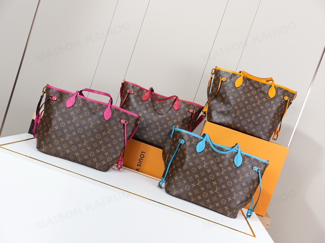 【10A】Louis Vuitton LV Neverfull Inside Out MM Monogram Striped Canvas Crossbody Strap Reversible Tote Bag With Pouch - KAIROO
