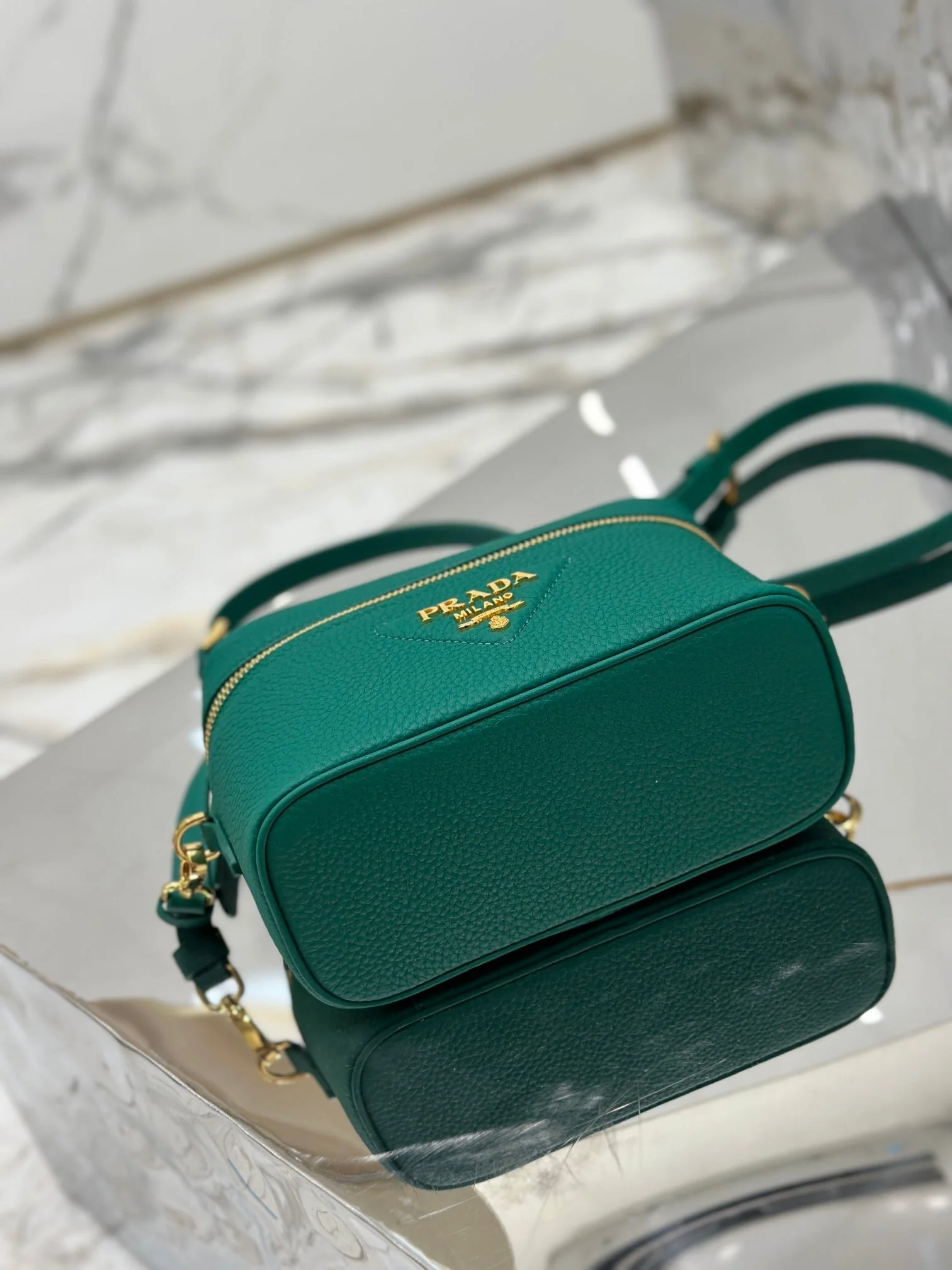 Prada VANITY CASE 18 IN EMERALD GREEN GRAINED CALFSKIN GOLD HARDWARE
