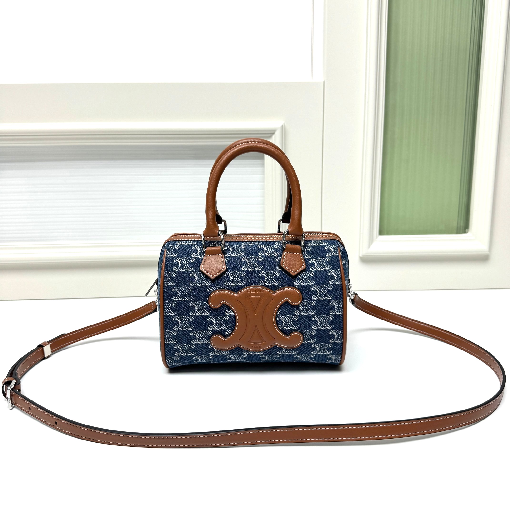 Celine Small Blue Denim Triomphe Monogram Patch Canvas Leather Trim Handle Doctor Boston Bag - KAIROO