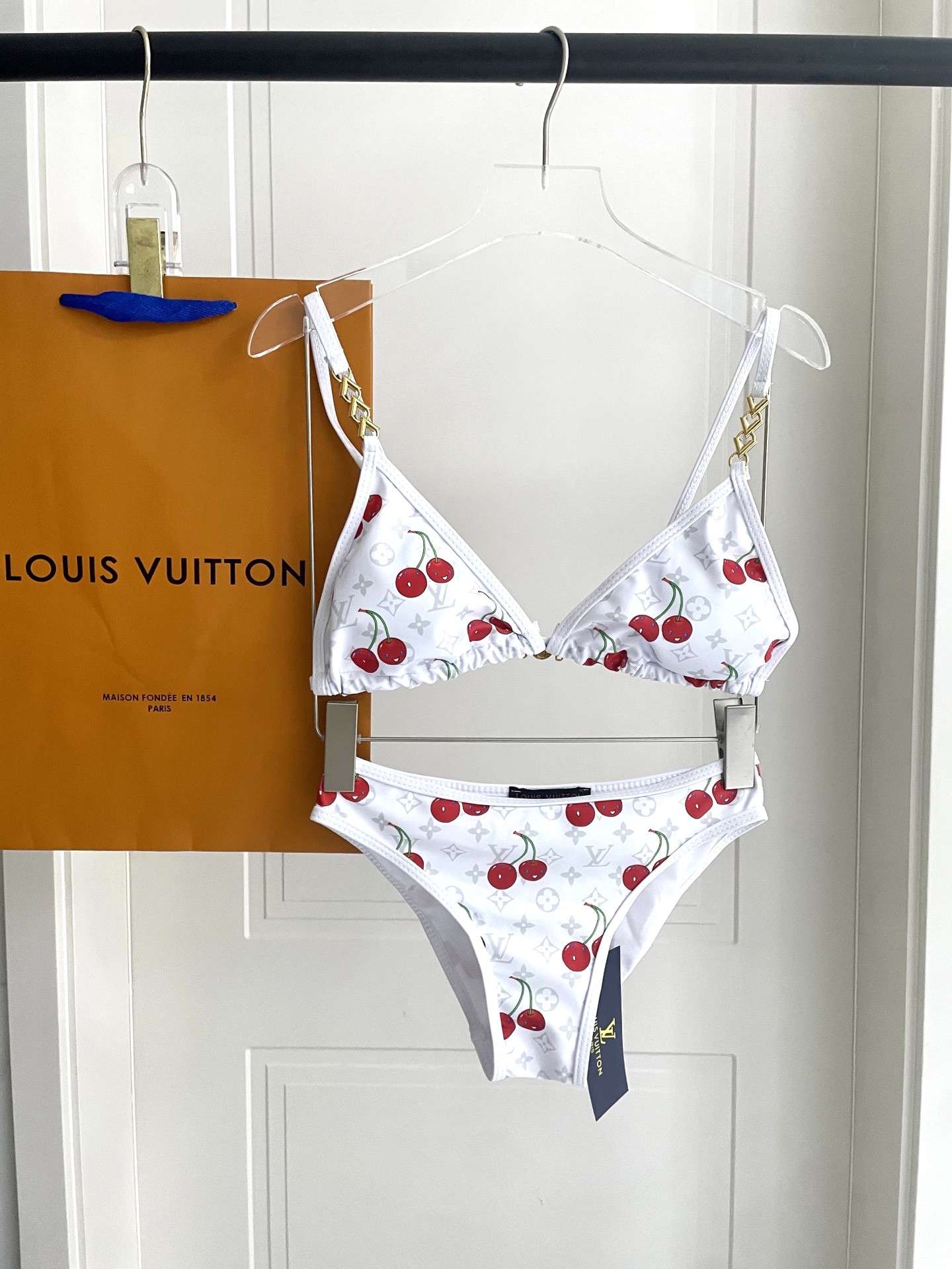 Louis Vuitton LV  Cherry Print Monogram Gold Chain Strap Triangle Bikini Two-Piece Swimwear - KAIROO