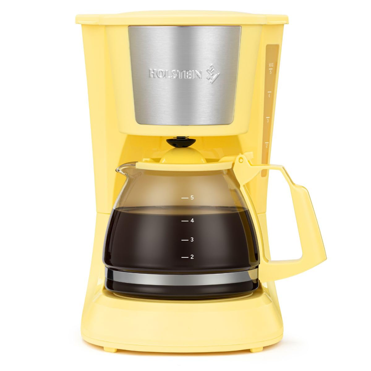 Holstein Housewares 5 Cup Drip Coffee Maker – Compact and User-Friendly with Auto Pause & Serve, Reusable Filter, Measuring Spoon & Glass Carafe, Office & Dorm Use, Yellow