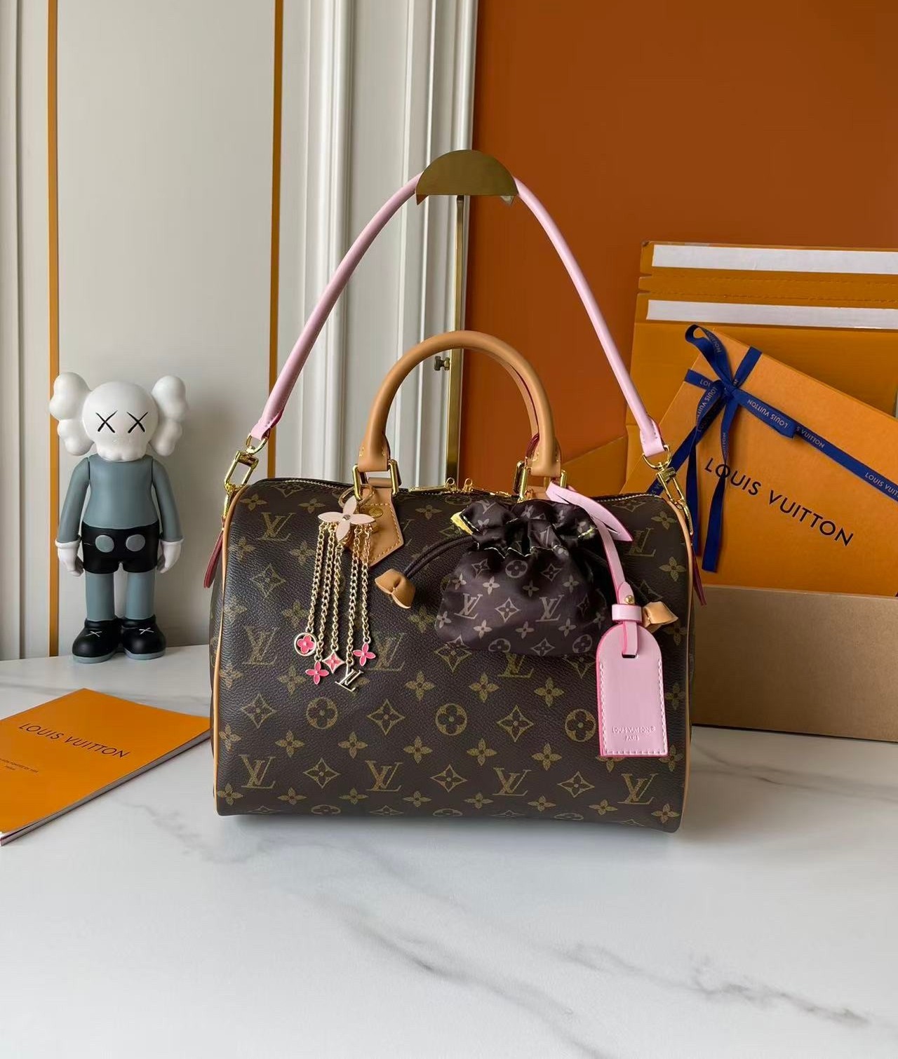 Louis Vuitton LV Speedy 30 Monogram Canvas Pouch/Flower Charm Pink Shoulder Strap Boston Top Handle Bag - KAIROO