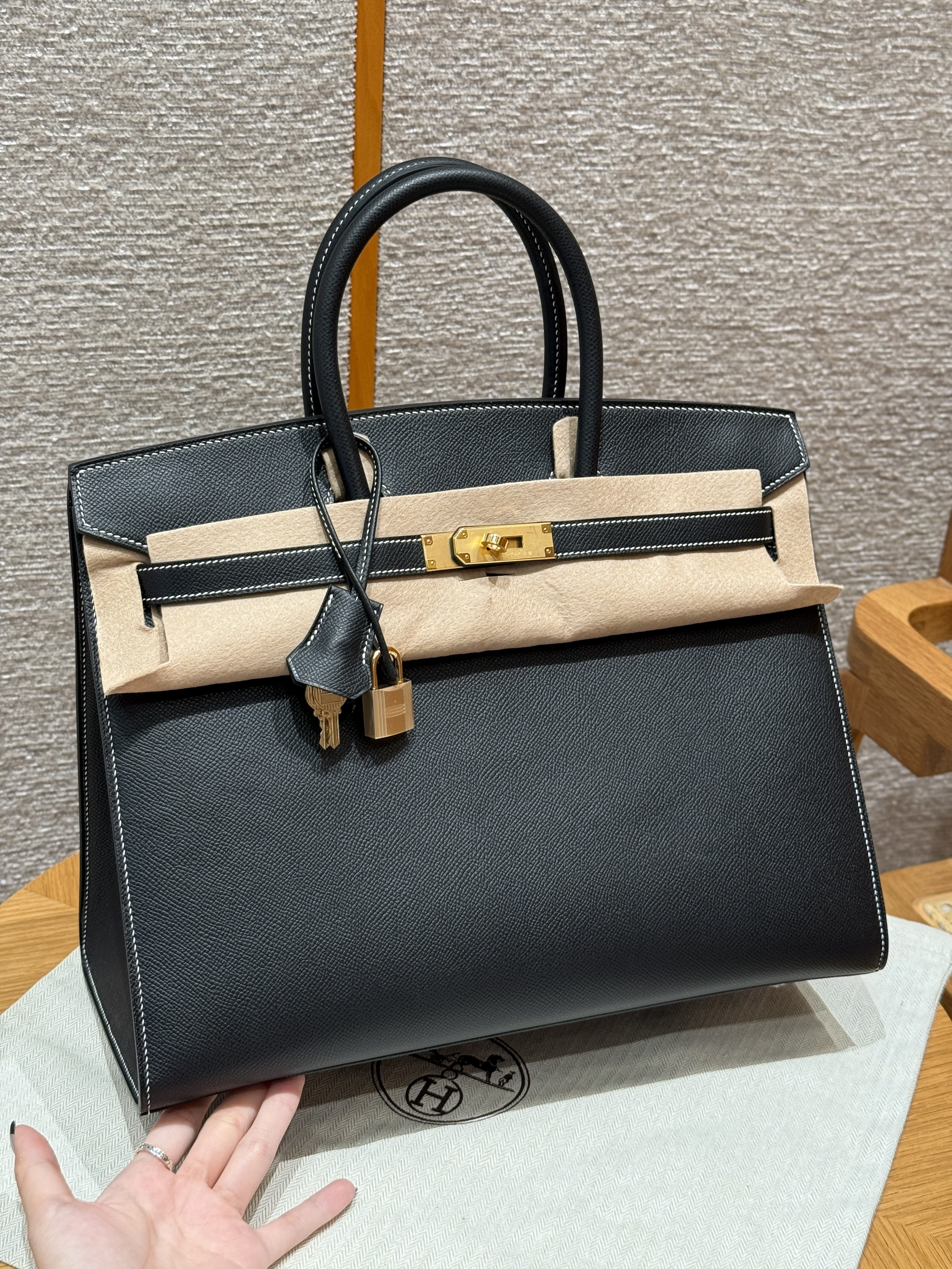 Hermes Black Sellier White Stitching Epsom Birkin 30 Bag