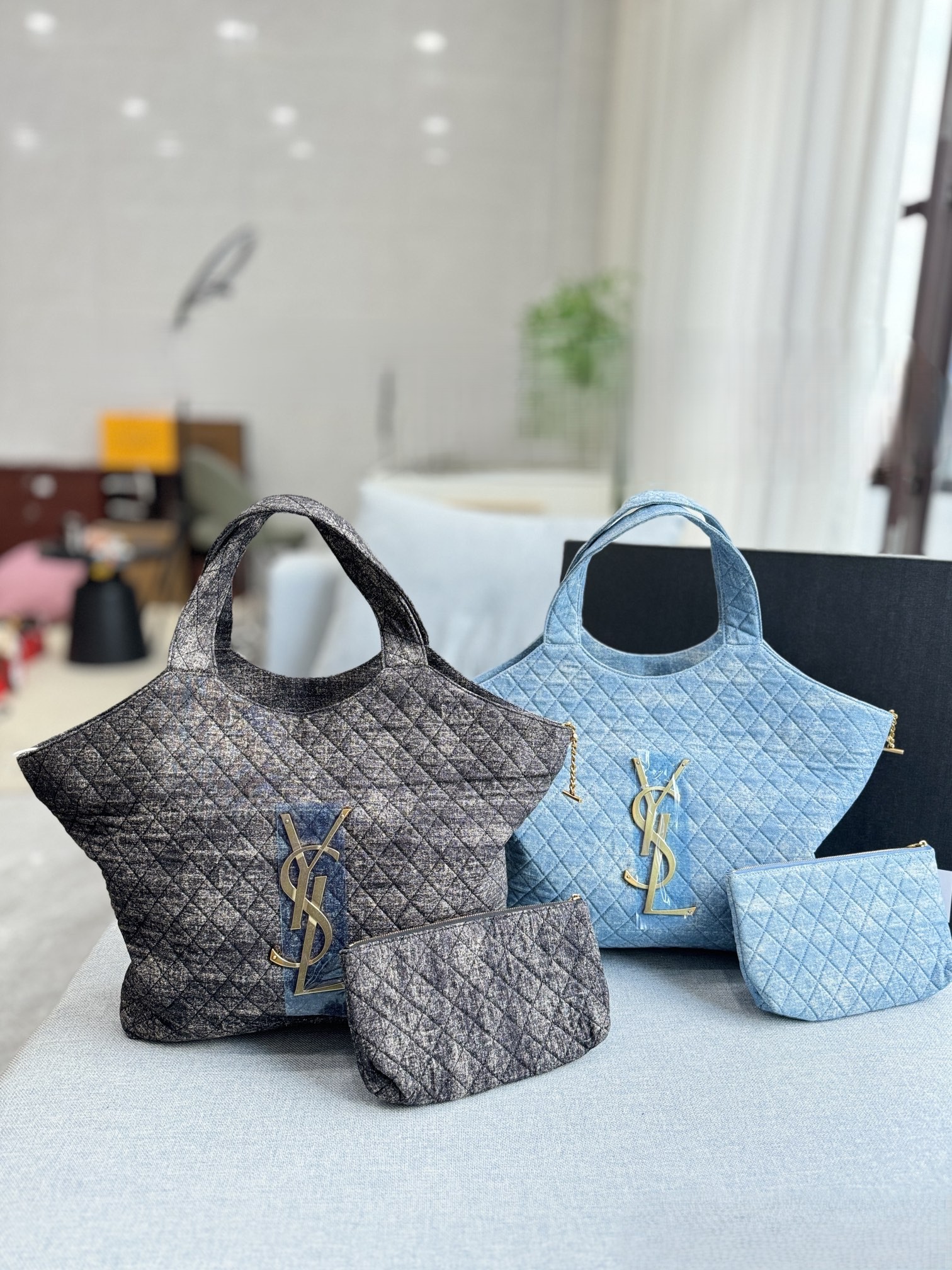 Saint Laurent YSL Icare Maxi Denim Monogram Quilted Leather Shopping Tote Bag With Pouch - KAIROO