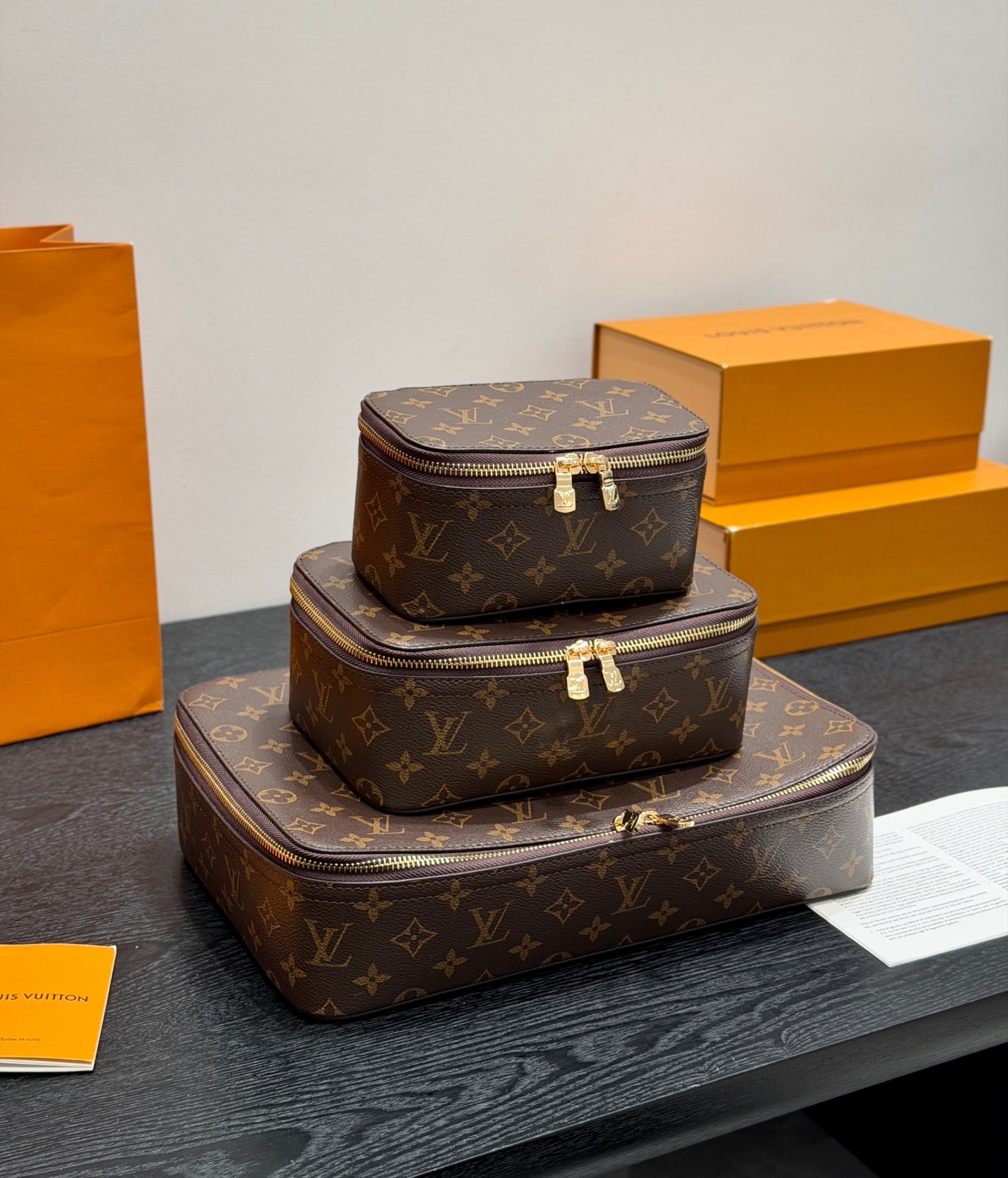 Louis Vuitton LV Monogram Brown Canvas Beige Lining Nice Vanity Jewelry Case Travel Top Handle Bag - KAIROO