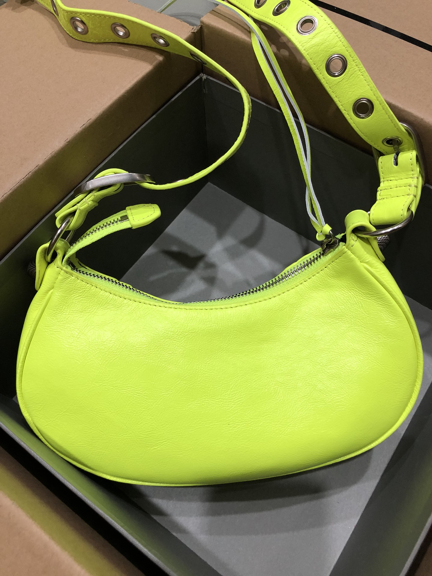 Balenciaga Le Cagole Samll Limited Acid Green Crinkled Leather Studded Purse & Heart Mirror Charm Hobo Shoulder Bag - KAIROO