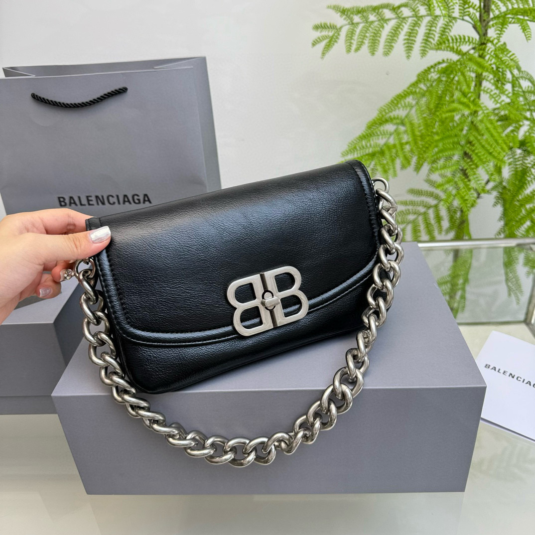 Balenciaga BB Soft Small Smooth Leather Turn-Lock BB Logo Flap Chain Shoulder Bag - KAIROO