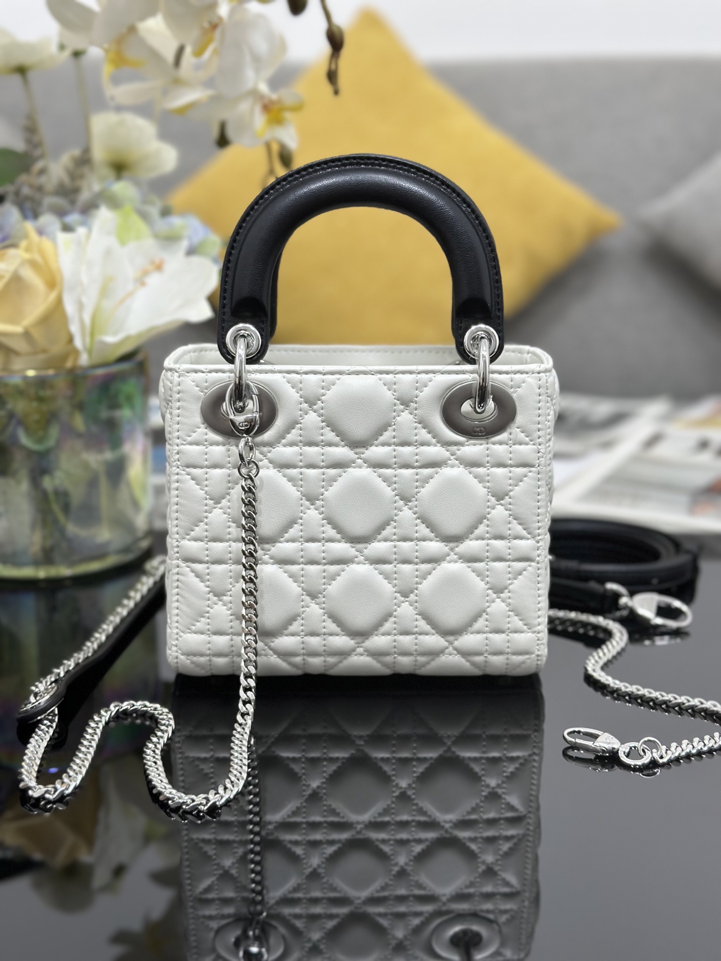 Mini Lady Dior Bag in White/Black Cannage Lambskin
